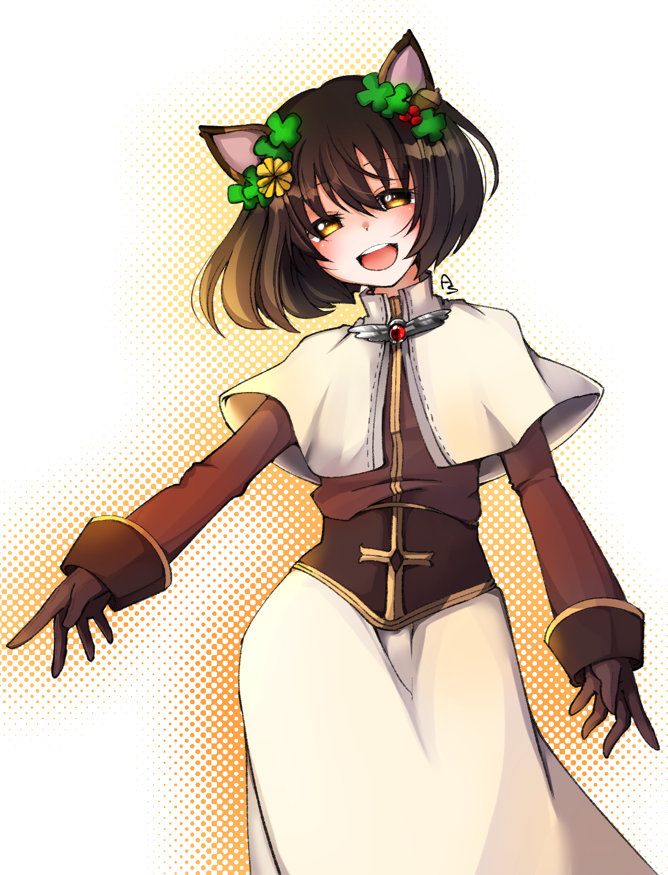 asuta (kinakomoti300), acolyte (ragnarok online), ragnarok online, commentary request, highres, 1girl, animal ears, blush, brown gloves, brown shirt, capelet, cat ears, cat girl, clover hair ornament, cowboy shot, four-leaf clover hair ornament, gloves, hair ornament, long sleeves, looking at viewer, medium hair, open mouth, orange background, shirt, short hair, skirt, smile, solo, white background, white capelet, white skirt