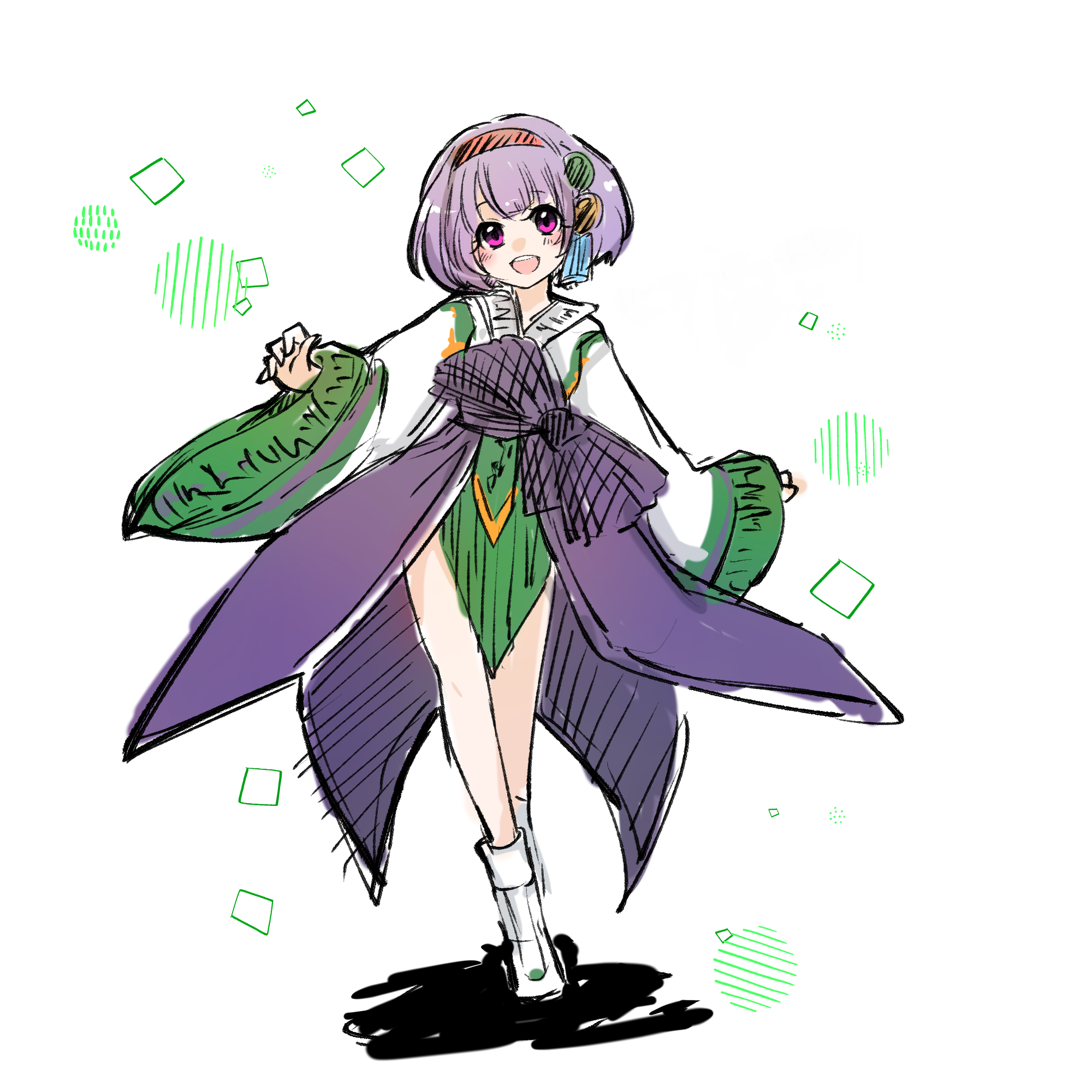 asuta (kinakomoti300), soul linker (ragnarok online), ragnarok online, commentary request, highres, 1girl, blush, boots, full body, hanbok, korean clothes, long sleeves, looking at viewer, open mouth, purple eyes, purple hair, purple skirt, shirt, short hair, simple background, skirt, smile, solo, standing, white background, white boots, white shirt