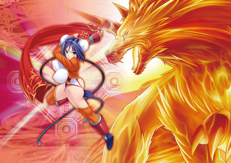mizuki gyokuran, lang-gong, mei-fang, aq interactive, arcana heart, atlus, examu, official art, 1girl, android, armor, ass, blue hair, blush, boots, breasts, bun cover, cable, chinese clothes, claws, covered erect nipples, crop top, curvy, double bun, female focus, fighting stance, fire, glowing, green eyes, hair bun, hair ornament, hairclip, horns, impossible clothes, jacket, jumping, large breasts, leg up, leotard, magic, monster, open clothes, open jacket, orange shrug, orange thighhighs, scarf, short hair, shrug (clothing), single horn, solo, teeth, thighhighs, thong leotard, wolf