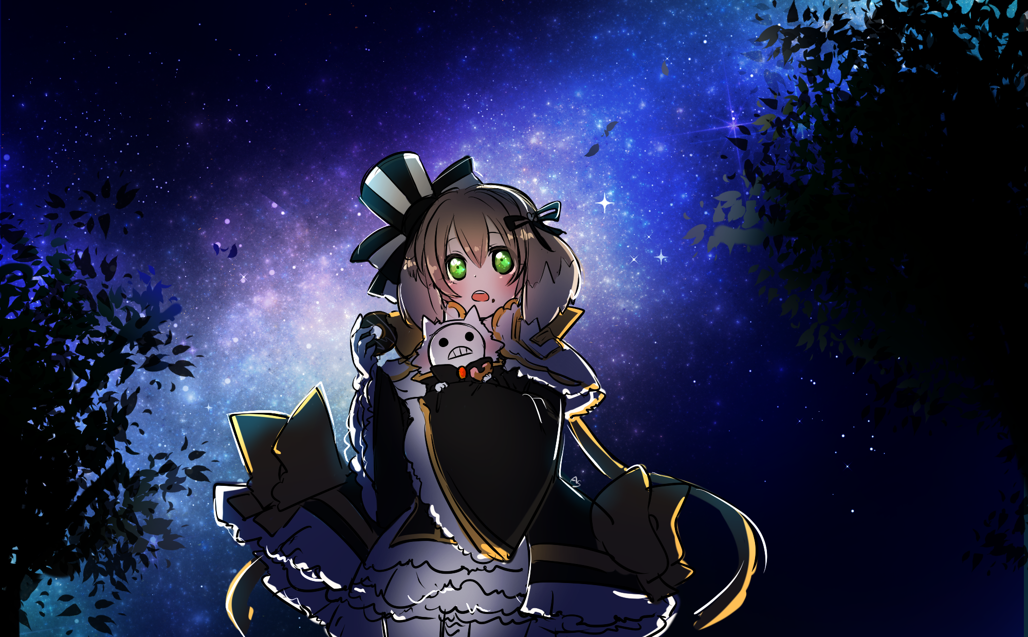 asuta (kinakomoti300), arch bishop (ragnarok online), summoner (ragnarok online), ragnarok online, commentary request, highres, 2girls, animal ears, black dress, black hat, black ribbon, blue sky, blush, bow, brown hair, cat ears, cat girl, cowboy shot, donut, dress, dress bow, food, frilled dress, frilled sleeves, frills, green eyes, hair ribbon, hat, holding, holding donut, holding food, mask, masked, multiple girls, official alternate costume, open mouth, outdoors, ribbon, short hair, sky, star (sky), starry sky, top hat, two-tone dress, white dress, yellow bow