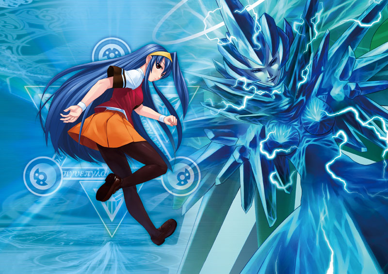 bhanri, tsuzura saki, aq interactive, arcana heart, atlus, examu, tagme, blue hair, brown eyes, headband, long hair, pantyhose, school uniform, serafuku