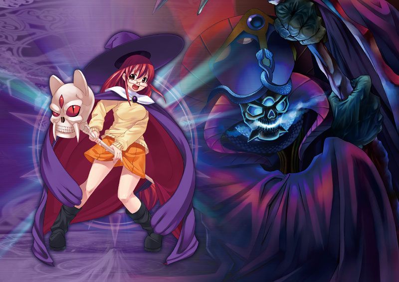 mike (arcana heart), yasuzumi yoriko, aq interactive, arcana heart, atlus, examu, braid, dieu mort, glasses, hat, red hair, witch, witch hat