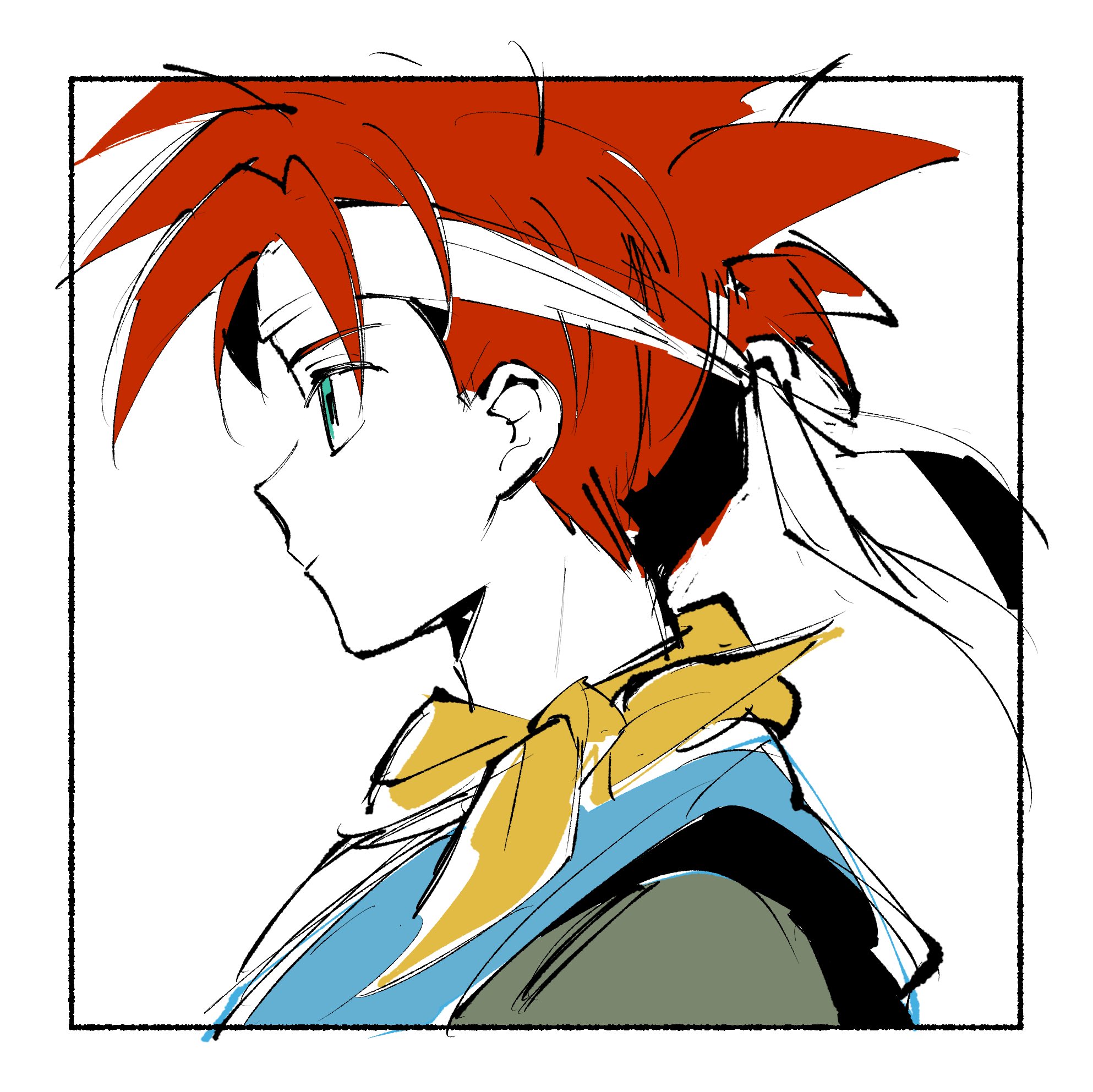 asumi chikyuu, crono (chrono trigger), chrono trigger, highres, 1boy, aqua eyes, blue tunic, border, closed mouth, grey shirt, headband, male focus, neckerchief, profile, red hair, shirt, short hair, sketch, solo, spiked hair, tunic, upper body, white background, white border, white headband, yellow neckerchief