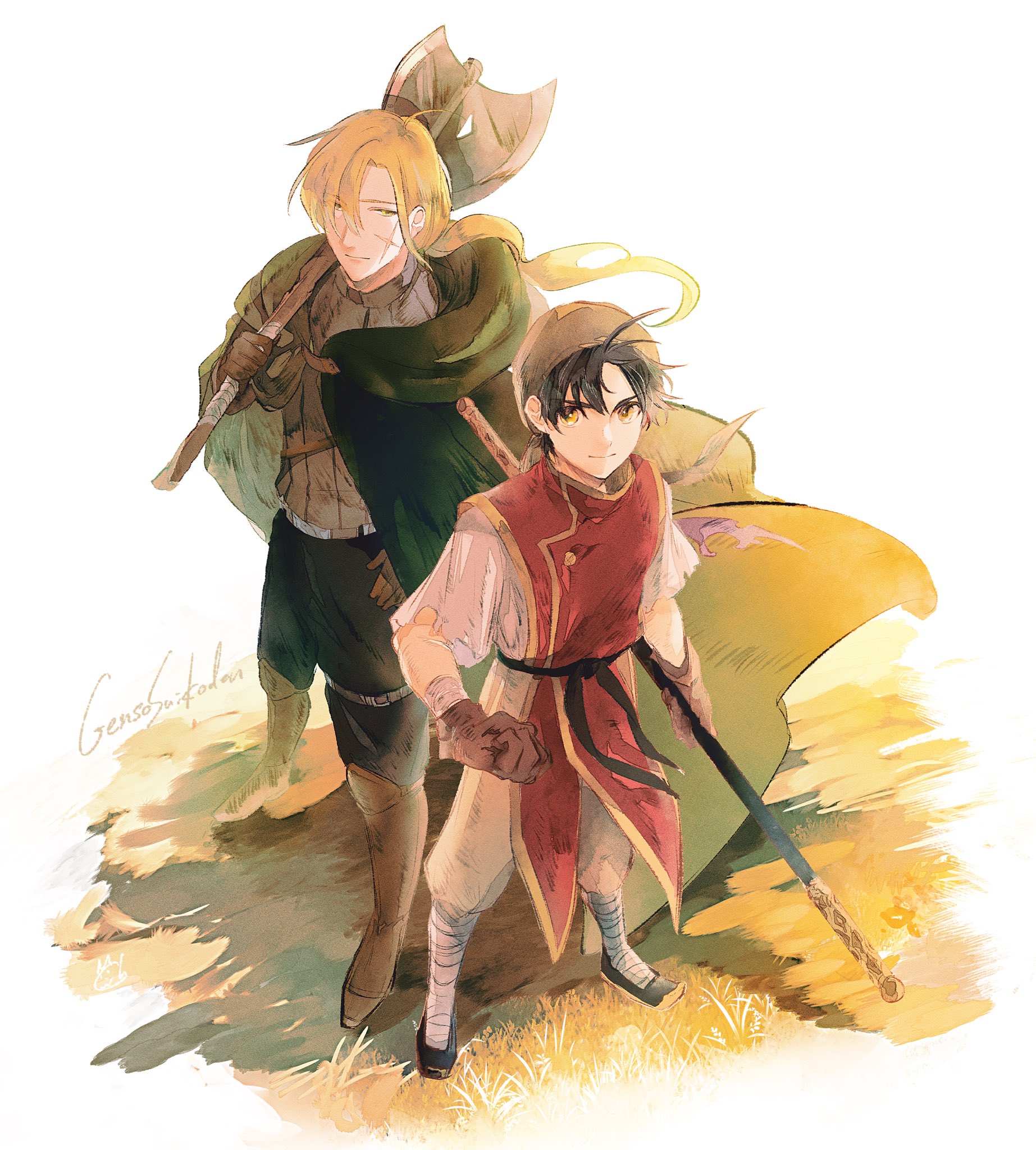asumi chikyuu, gremio (suikoden), tir mcdohl, gensou suikoden, gensou suikoden i, highres, 2boys, ahoge, axe, bandaged leg, bandages, bandana, belt, black belt, black hair, black pants, black shoes, blonde hair, brown eyes, brown gloves, clenched hand, cloak, closed mouth, copyright name, cross scar, facial scar, from above, gloves, gold trim, grass, green bandana, green cloak, grey shirt, hair between eyes, hand on own hip, holding, holding axe, holding staff, light smile, long hair, low ponytail, male focus, multiple boys, over shoulder, pants, parted bangs, ponytail, red tunic, scar, scar on cheek, scar on face, shirt, shoes, short hair, staff, torn clothes, torn sleeves, tunic, weapon, weapon over shoulder, white pants, white shirt