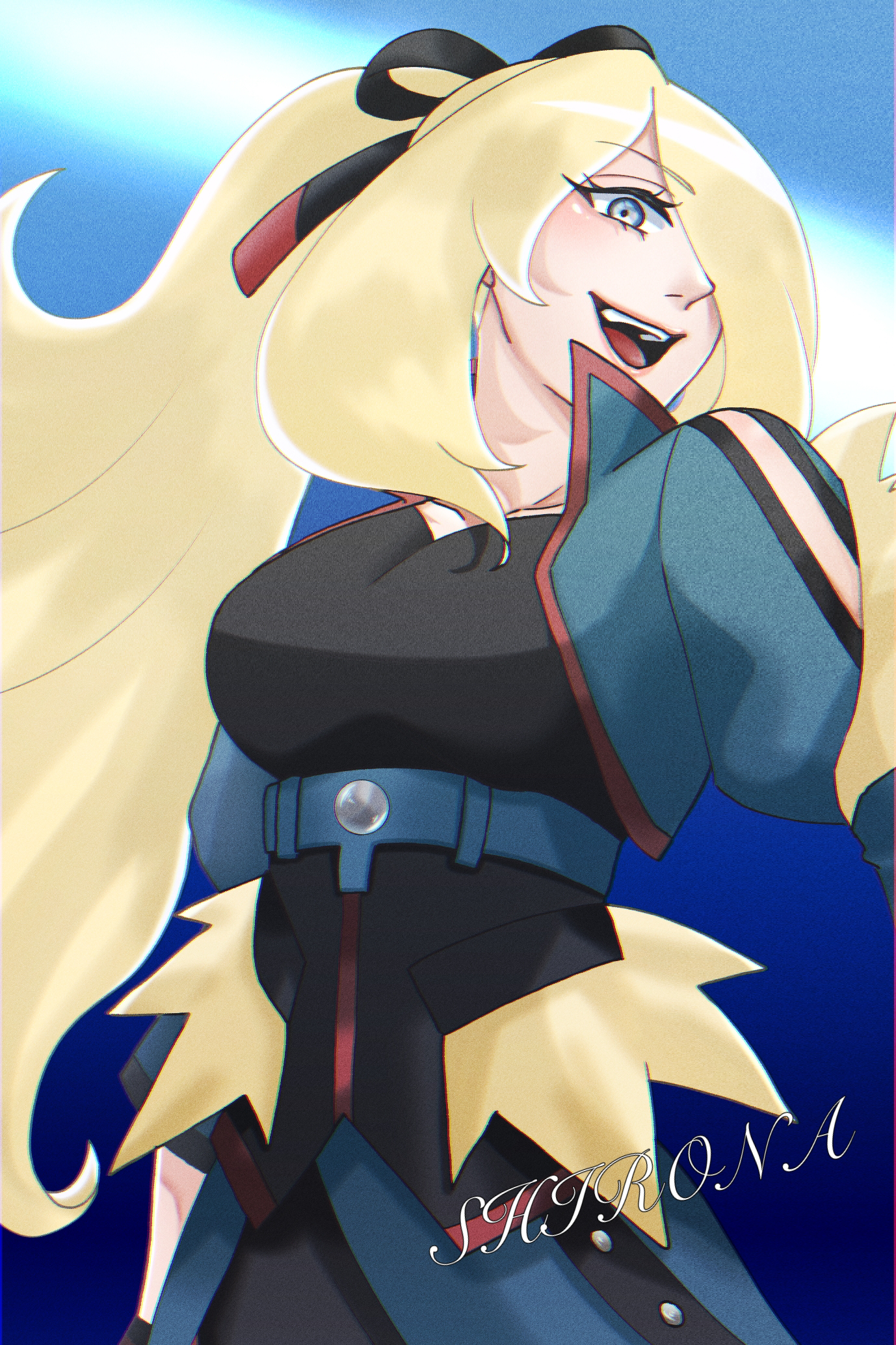ushiwaka itsuki, cynthia (pokemon), cynthia (sygna suit) (aura) (pokemon), nintendo, pokemon, pokemon masters ex, highres, 1girl, blonde hair, blue background, breasts, character name, collarbone, grey eyes, hair over one eye, long hair, looking at viewer, official alternate costume, open mouth, ponytail, solo, very long hair