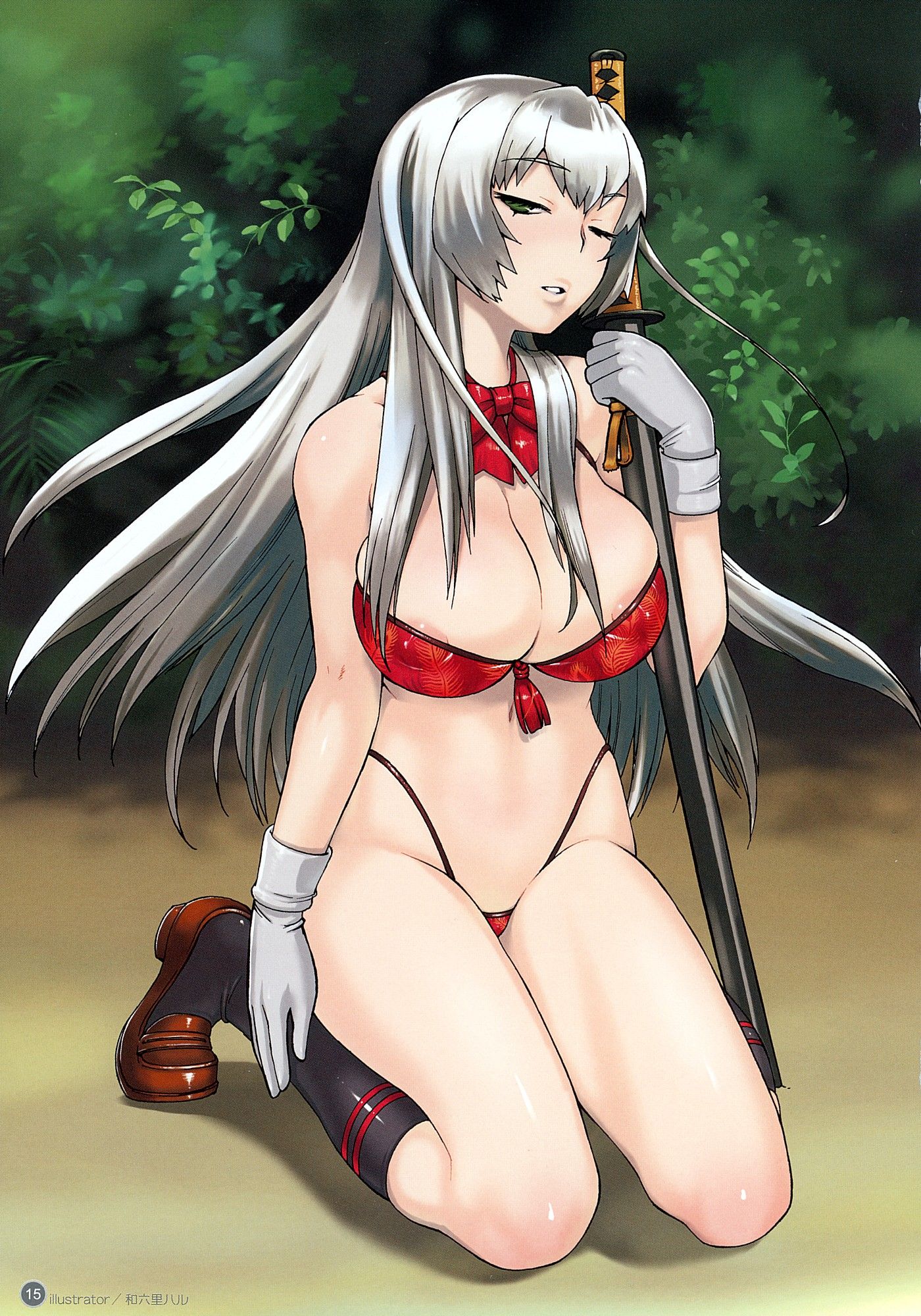 chouun shiryuu, ikkitousen, silver hair, highres, tagme, 00s, bikini, bow, bowtie, katana, swimsuit, sword, weapon, wink