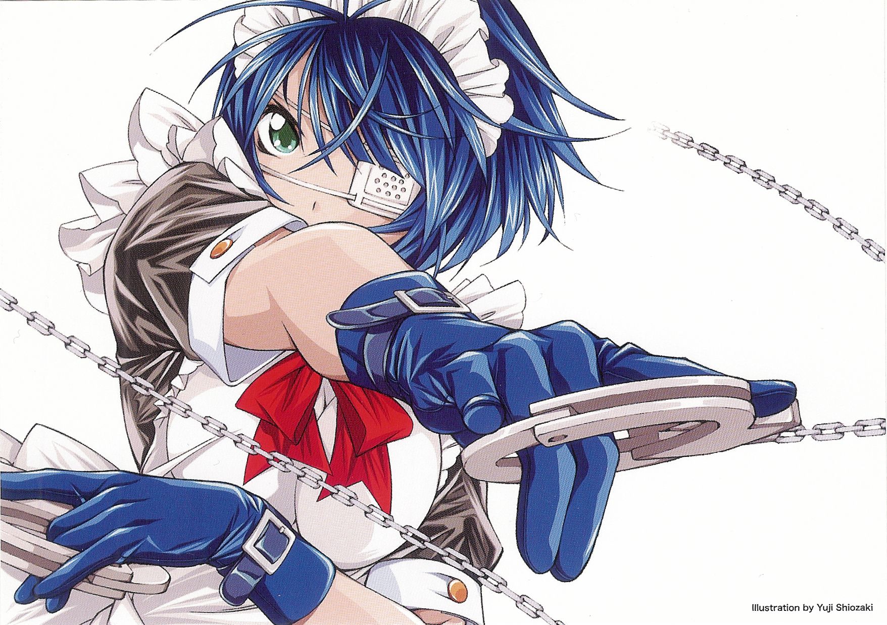 shiozaki yuji, ryomou shimei, ikkitousen, highres, tagme, 00s, blue hair, bow, bowtie, eyepatch, green eyes, maid