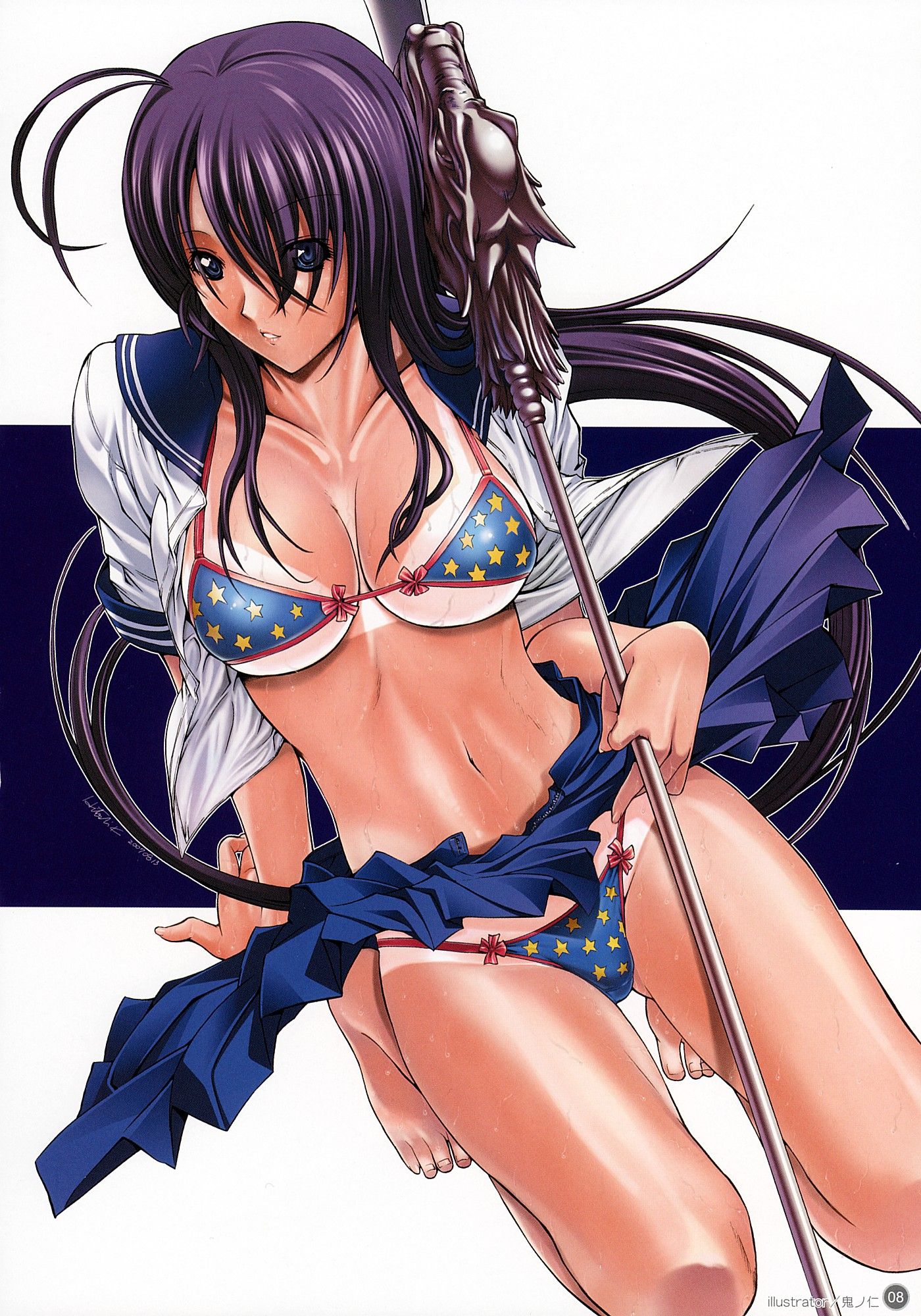 kino hitoshi, kan'u unchou, ikkitousen, ikkitousen dragon destiny, artbook, highres, scan, tagme, 00s, barefoot, bikini, blue eyes, bra, fanbook, lingerie, official fanbook, open clothes, open shirt, panties, polearm, print bra, print panties, purple hair, shirt, star (symbol), star print, swimsuit, tan, tanline, underwear, weapon