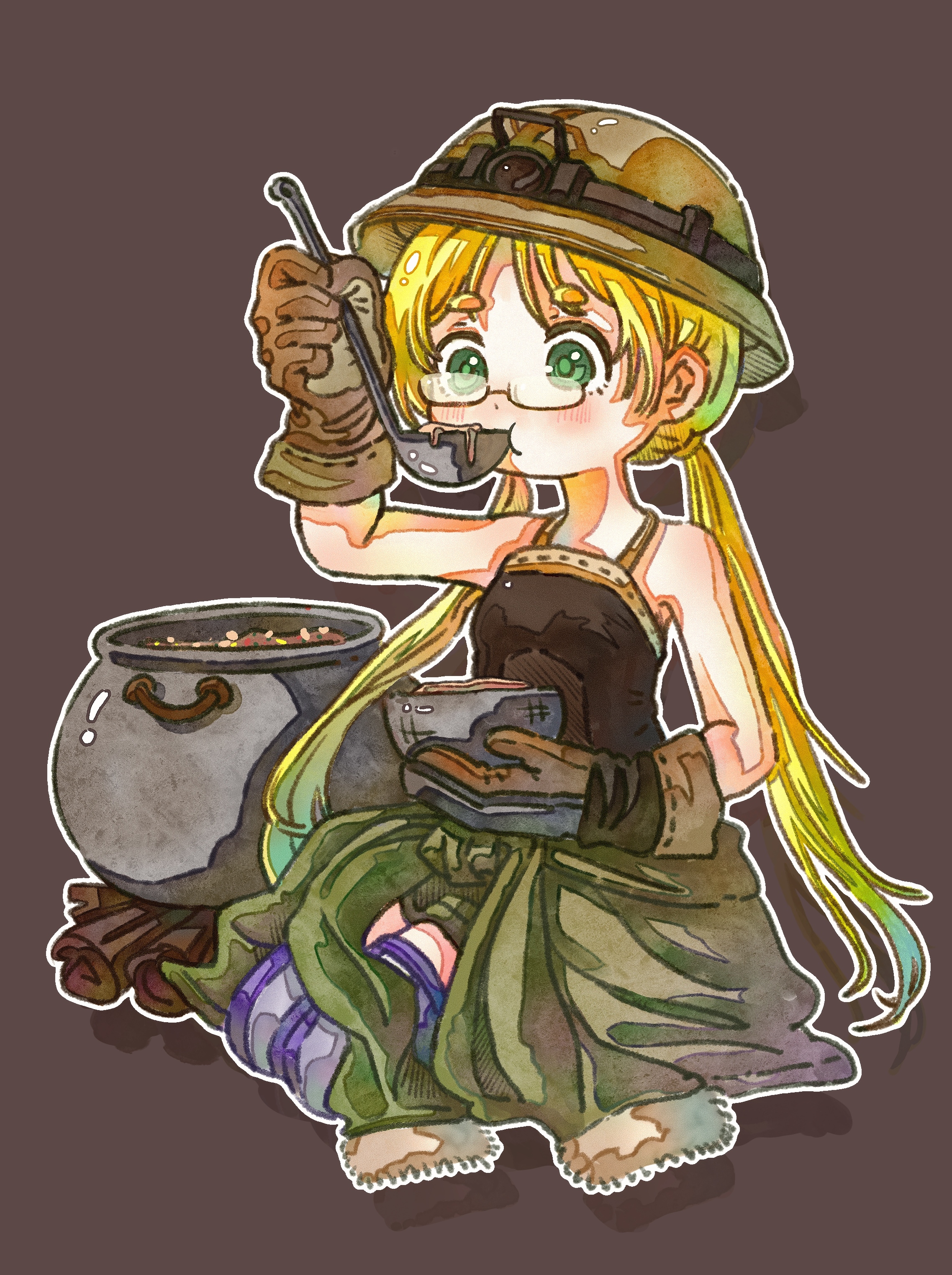 riko (made in abyss), made in abyss, absurdres, chinese commentary, commentary request, highres, 1girl, blonde hair, blue thighhighs, blush, brown background, brown gloves, brown shirt, cauldron, chong shi mu, clothes around waist, eating, food, full body, fur trim, glasses, gloves, green eyes, green jacket, hand up, headlamp, helmet, holding, holding ladle, holding plate, jacket, jacket around waist, ladle, log, long hair, long sleeves, outline, plate, shirt, sitting, sleeveless, sleeveless shirt, thighhighs, twintails, white outline