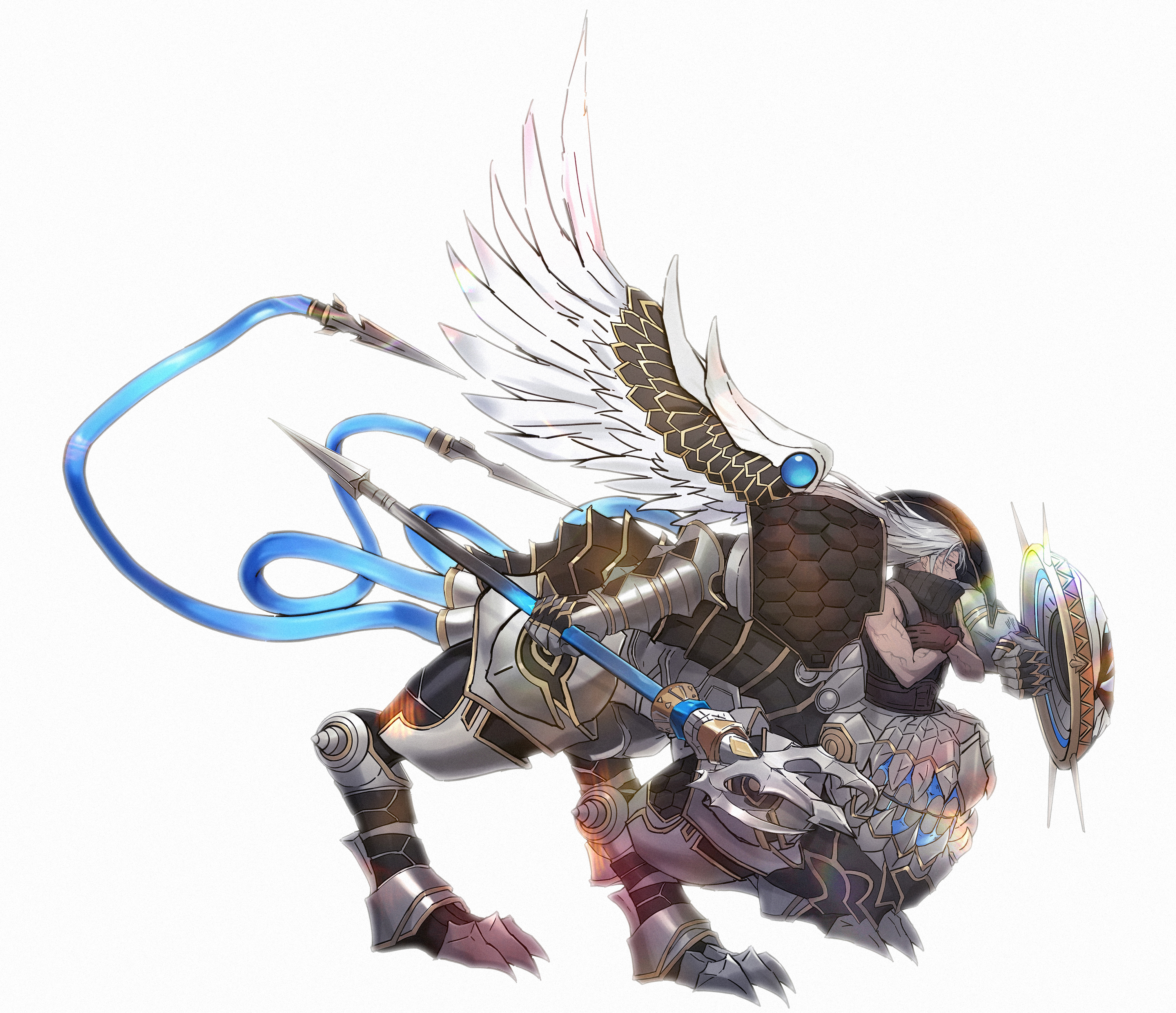 morikawaimori, angeal hewley, crisis core final fantasy vii, final fantasy, final fantasy vii, final fantasy vii ever crisis, absurdres, highres, 1boy, armored gloves, bare shoulders, belt, black shirt, centauroid, clawed feet, closed eyes, feathered wings, full body, grey hair, holding, holding polearm, holding shield, holding weapon, male focus, monster boy, muscular, muscular male, polearm, shield, shirt, sleeveless, sleeveless turtleneck, solo, suspenders, taur, turtleneck, weapon, white background, white wings, wings