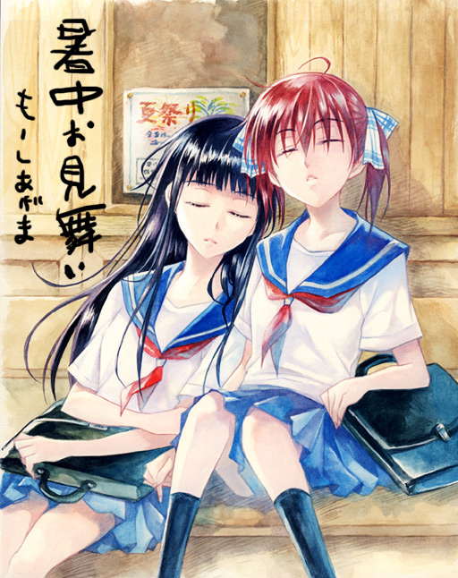 agahari, translation request, 2girls, multiple girls, school uniform, serafuku, sleeping