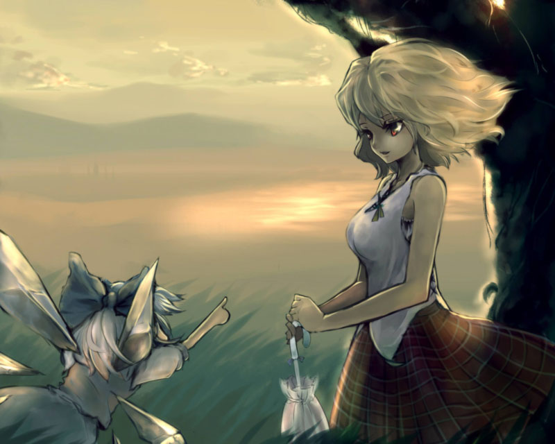 suisai (suisao), cirno, kazami yuuka, touhou, 2girls, bare shoulders, bow, closed umbrella, female focus, green hair, hair bow, ice, ice wings, multiple girls, muted color, parasol, plaid clothes, plaid skirt, pointing, red eyes, short hair, skirt, sky, sunset, umbrella, wings