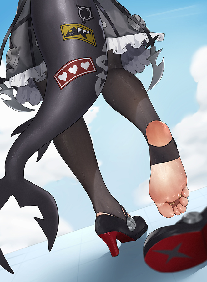 wd (1106592840), ellen joe, zenless zone zero, black footwear, 1girl, black dress, black pantyhose, blue sky, blurry, close-up, cloud, day, depth of field, dress, feet, fins, fish tail, foot focus, frilled dress, frills, from behind, heart, high heels, legs, lower body, no shoes, outdoors, pantyhose, shark girl, shark tail, shoe soles, shoes, single shoe, sky, soles, solo, standing, standing on one leg, stirrup legwear, sweat, tail, toeless legwear, toes, unworn shoes