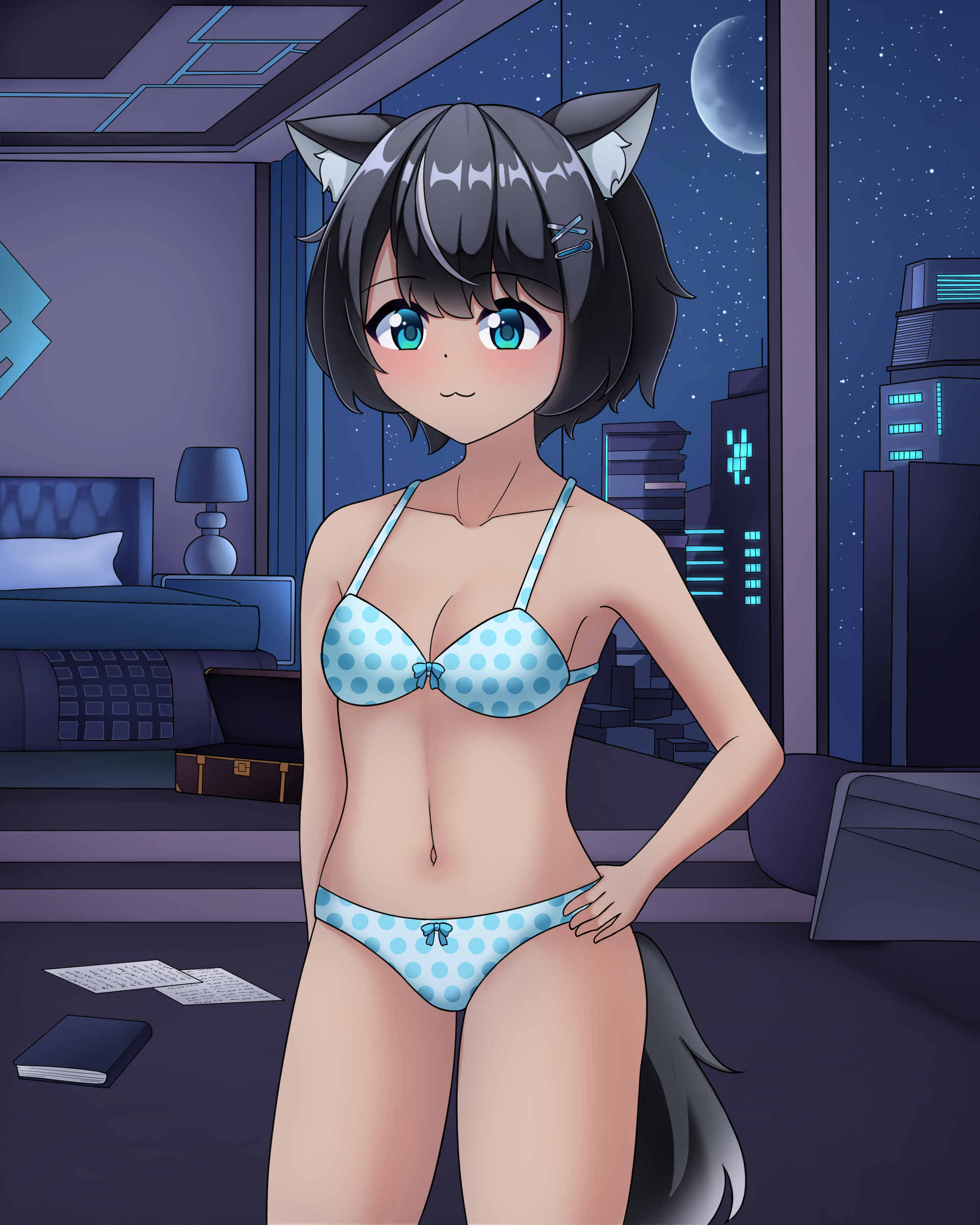 aldrin san, fangsie fido, variance project, absurdres, commission, highres, 1girl, animal ear fluff, animal ears, belly, black hair, blush, bow, bow panties, bra, breasts, city, cityscape, closed mouth, dog ears, dog tail, hair ornament, hairclip, indoors, knee up, knees up, looking at viewer, moon, navel, night, night sky, panties, polka dot, polka dot bra, polka dot panties, ribbon, short hair, sky, small breasts, smile, solo, standing, tail, thighs, underwear, underwear only, virtual youtuber, window
