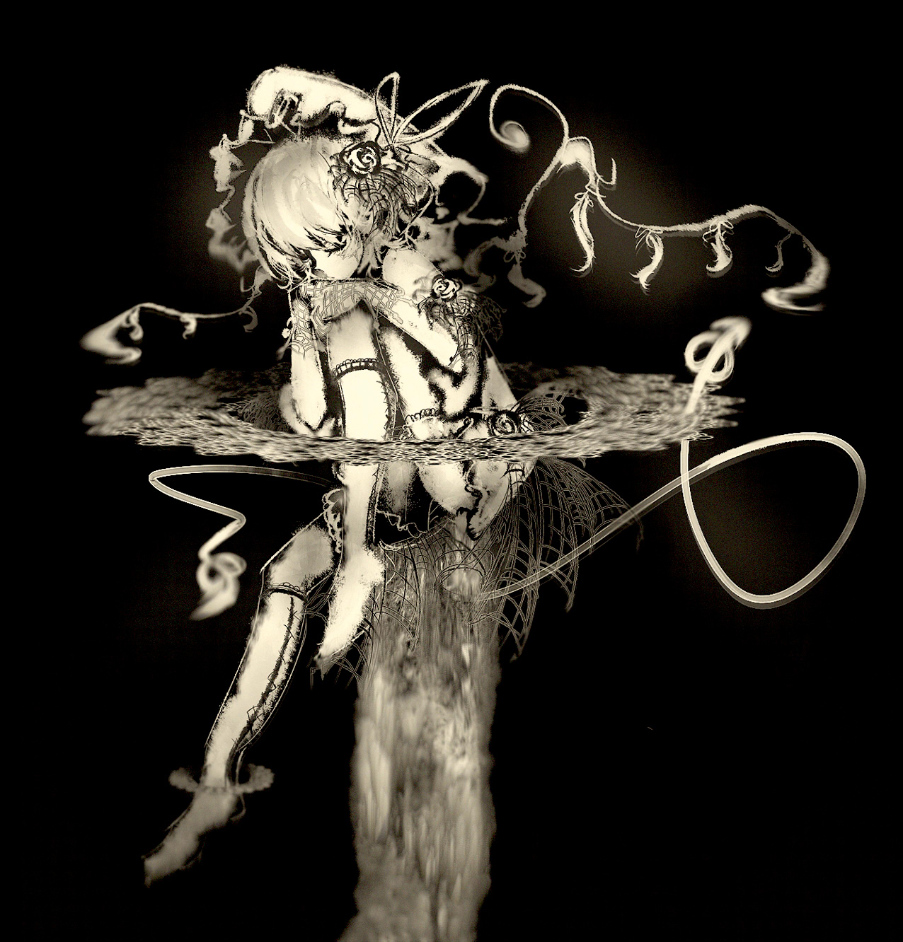 yoshioka yoshiko, flandre scarlet, touhou, highres, 1girl, closed eyes, female focus, hugging own legs, monochrome, sitting, solo, yellow theme