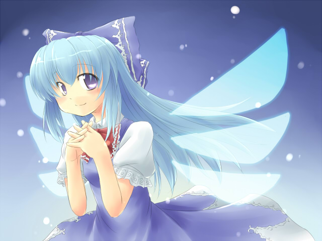 kakkou, cirno, embodiment of scarlet devil, touhou, 1girl, aged up, alternate hairstyle, dress, female focus, gradient background, long hair, solo