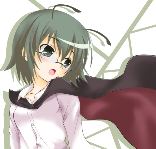 ogami kazuki, wriggle nightbug, touhou, lowres, 1girl, antennae, bespectacled, cape, female focus, glasses, green eyes, green hair, matching hair/eyes, open mouth, short hair, solo
