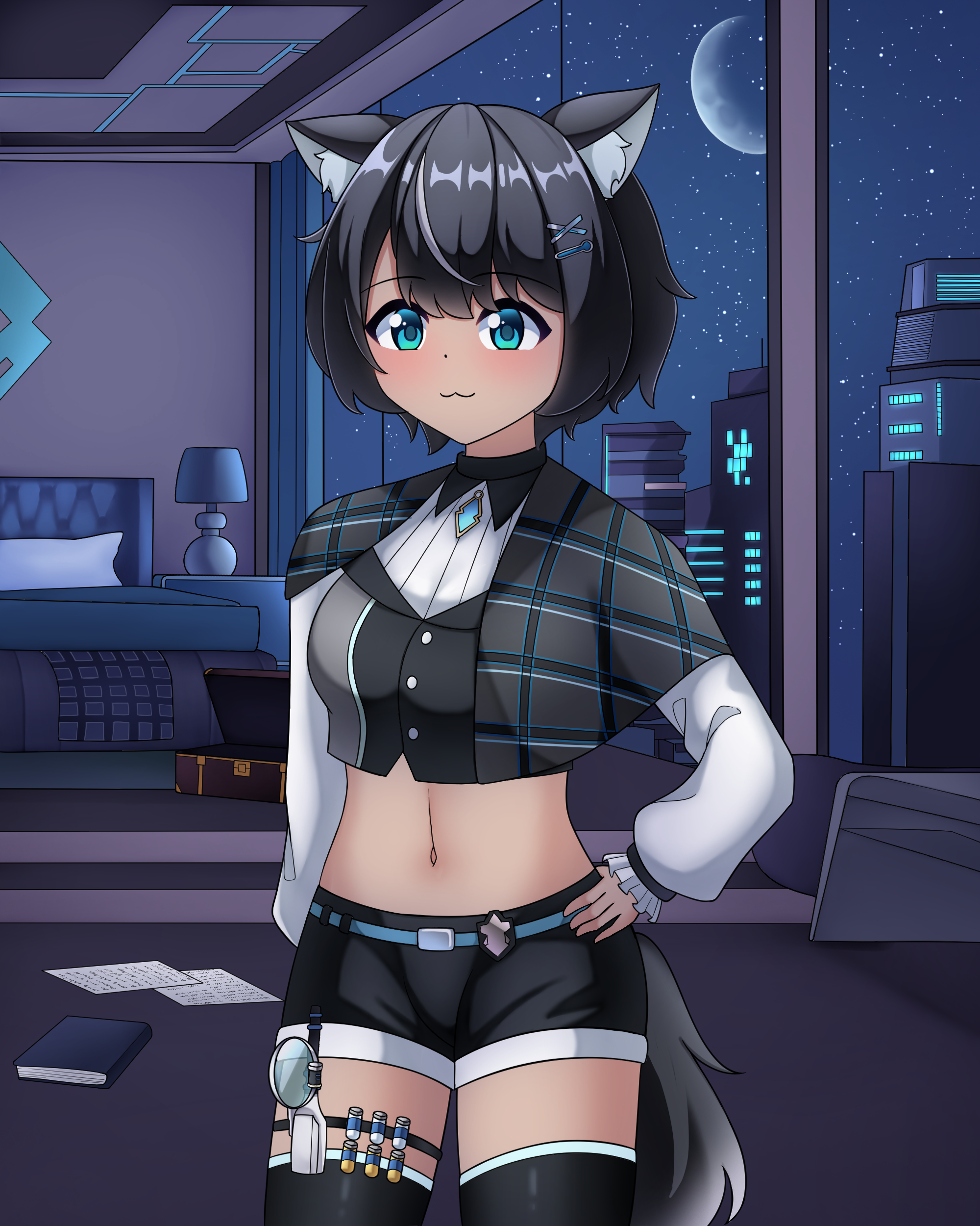 aldrin san, fangsie fido, variance project, absurdres, commission, commissioner upload, highres, 1girl, animal ear fluff, animal ears, badge, bed, belly, black hair, city, cityscape, closed mouth, dog ears, dog tail, dress, floor, hair ornament, hairclip, hand on own hip, indoors, jewelry, knee up, knees up, looking at viewer, magnifying glass, moon, navel, necklace, night, night sky, pants, shirt, short hair, shorts, sky, smile, solo, standing, tail, thighhighs, thighs, virtual youtuber, window