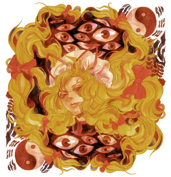 katana (artist), yakumo yukari, touhou, 1girl, blonde hair, closed mouth, creepy, curly hair, eyeball, female focus, horror (theme), lips, looking at viewer, red eyes, smirk, solo, upper body