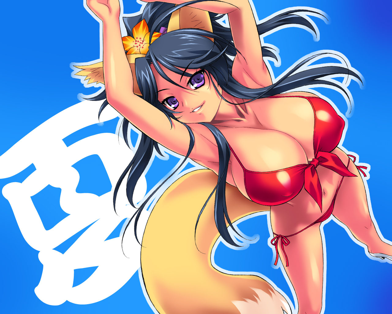 ngo (ngo dandelion), original, 1girl, animal ears, arms up, bikini, black hair, breasts, cleavage, female focus, flower, fox ears, hair flower, hair ornament, high heels, huge breasts, legs, long hair, lowleg, lowleg bikini, navel, purple eyes, red bikini, shoes, side-tie bikini bottom, solo, swimsuit, tail, thighs