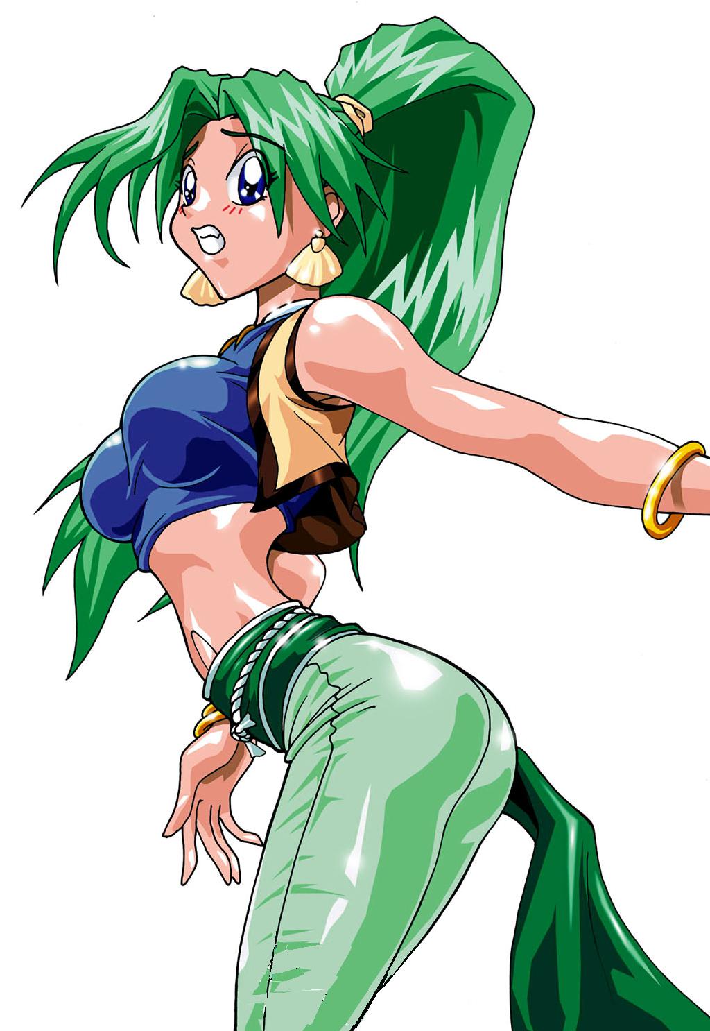 danny sulca, marine (saber j), marine (saber marionette j), saber marionette j, highres, jpeg artifacts, 1990s (style), 1girl, ass, bangle, blush, bracelet, earrings, female focus, green hair, jewelry, long hair, pants, ponytail, retro artstyle, solo