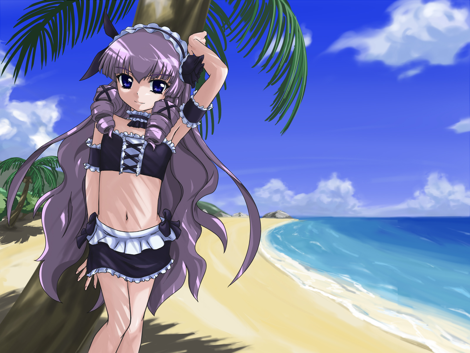 kurai (cry), ijuin kare, ijuuin karei, penguin musume, highres, 00s, 1boy, armpits, bandeau bikini, beach, bikini, black bikini, blue eyes, day, drill hair, gothic lolita, lolita fashion, long hair, male focus, outdoors, purple hair, solo, swimsuit, tankini, trap