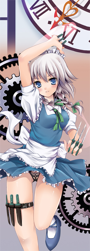 tomusooya, izayoi sakuya, touhou, silver hair, 1girl, artistic error, black panties, braid, female focus, panties, short hair, solo, twin braids, underwear