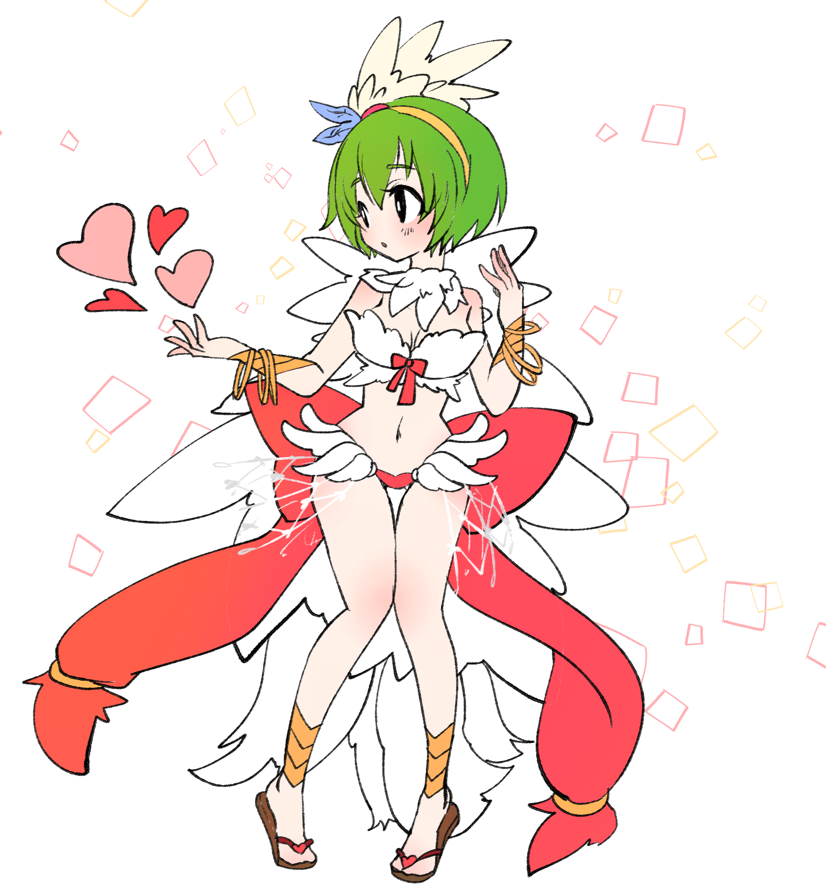 asuta (kinakomoti300), wanderer (ragnarok online), ragnarok online, commentary request, highres, 1girl, back bow, bangle, bikini, black eyes, blush, bow, bracelet, bracer, breasts, brown sandals, feather trim, feathered wings, full body, green hair, hairband, heart, jewelry, large bow, looking afar, medium breasts, mismatched bikini, navel, open mouth, red bikini, red bow, sandals, short hair, simple background, solo, swimsuit, white background, white bikini, white wings, wings, yellow hairband