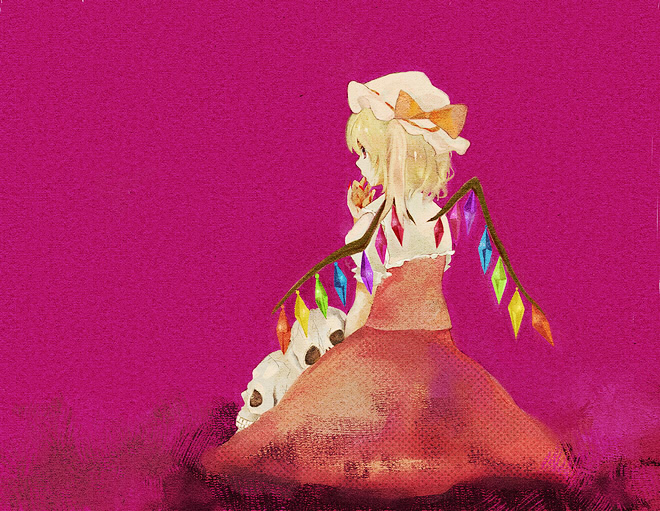 hizu, noise (hakusen), flandre scarlet, touhou, bad id, bad pixiv id, 1girl, blonde hair, blood, blouse, bow, female focus, hat, mob cap, pink background, red eyes, shirt, skull, solo, white shirt, wings
