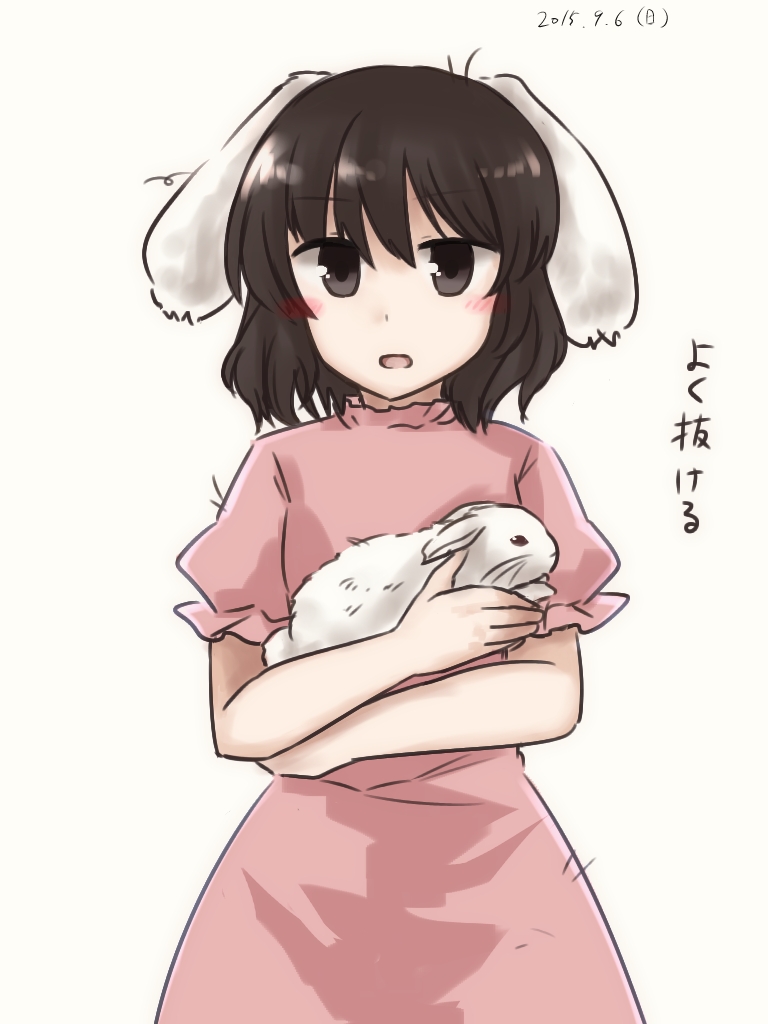 koto (shiberia39), inaba tewi, touhou, translated, 1girl, animal, animal ears, black eyes, black hair, blush, dated, dress, hair between eyes, holding, holding animal, holding rabbit, long dress, open mouth, pink dress, puffy short sleeves, puffy sleeves, rabbit, rabbit ears, short hair, short sleeves, simple background, solo, standing, white background