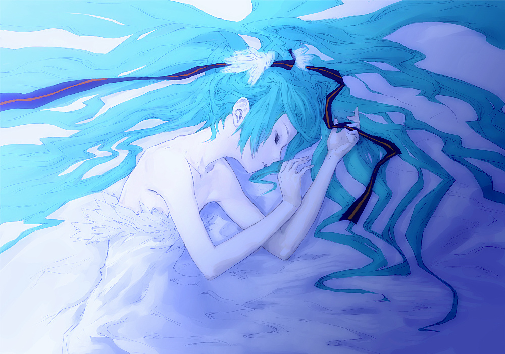 redjuice, hatsune miku, last night good night (vocaloid), vocaloid, duplicate, non-web source, bare shoulders, blue hair, dress, earphones, feathers, long hair, sleeping, solo