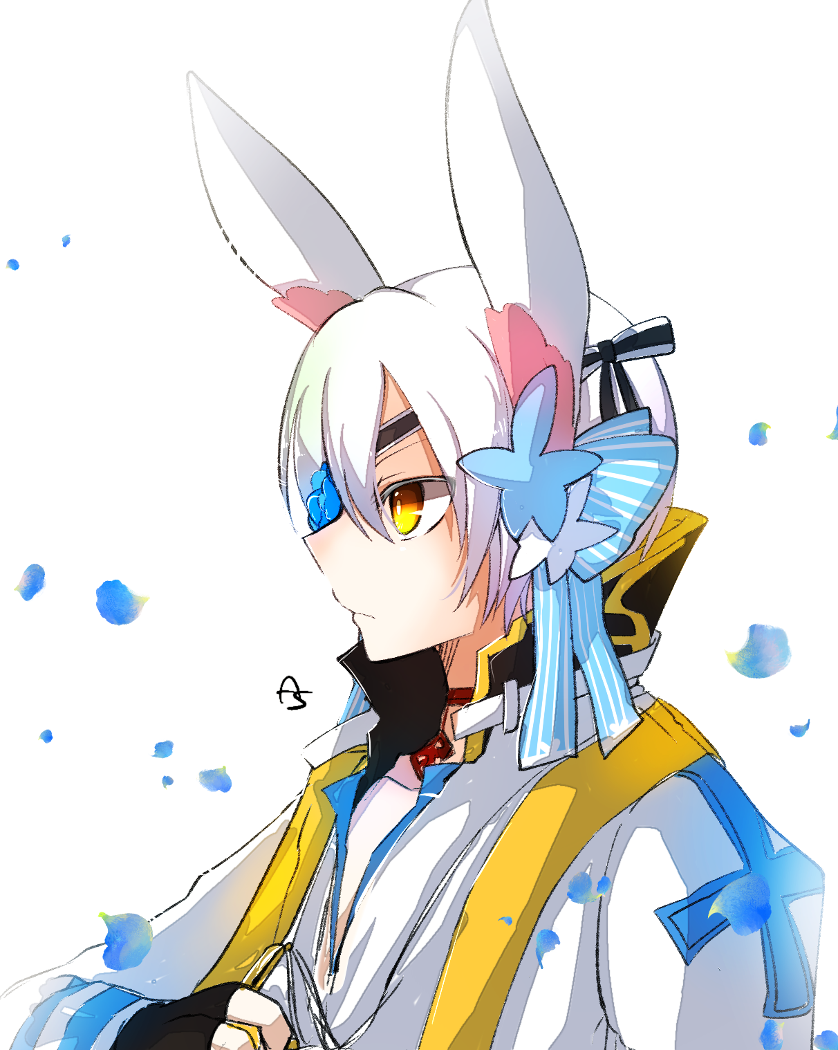 asuta (kinakomoti300), arch bishop (ragnarok online), ragnarok online, commentary request, highres, 1boy, animal ears, black gloves, choker, closed mouth, expressionless, fingerless gloves, gloves, jacket, looking afar, male focus, rabbit boy, rabbit ears, red choker, short hair, simple background, solo, white background, white hair, white jacket, yellow eyes