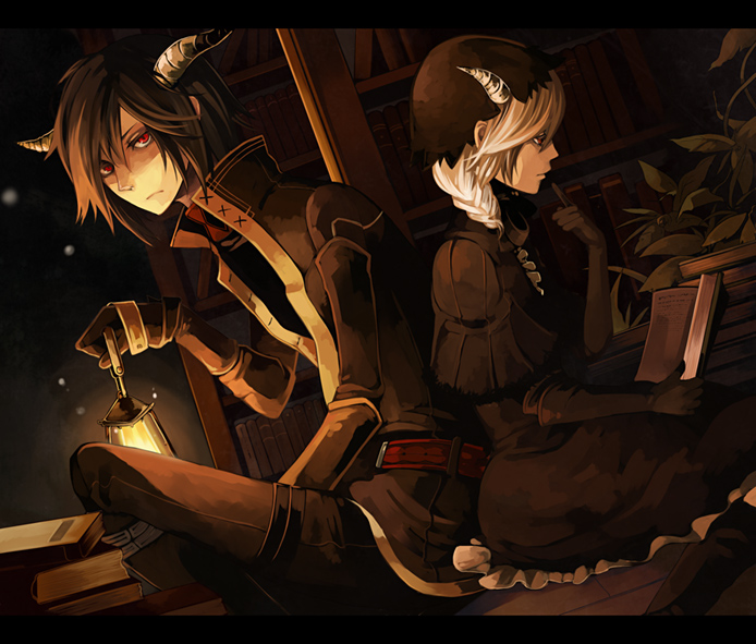 riku (artist), riku (wana), pixiv fantasia, pixiv fantasia 2, bad id, bad pixiv id, 1boy, 1girl, back-to-back, black hair, book, bookshelf, braid, dress, dutch angle, gloves, horns, lantern, letterboxed, open book, reading, red eyes, sitting, white hair
