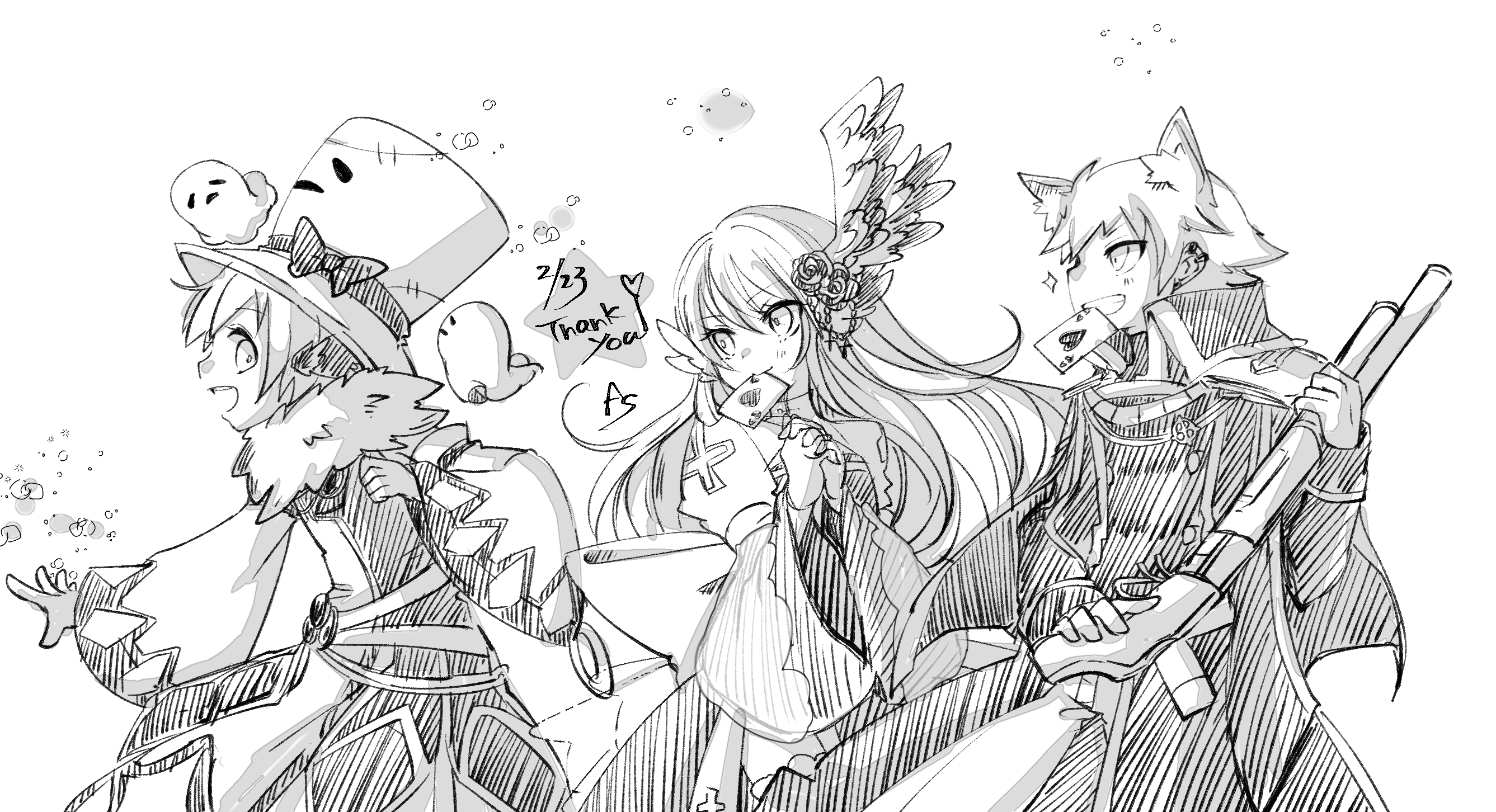 asuta (kinakomoti300), arch bishop (ragnarok online), rebellion (ragnarok online), sorcerer (ragnarok online), whisper (ragnarok online), ragnarok online, commentary request, highres, 1girl, 2boys, ace (playing card), ace of spades, animal ears, belt, card, cat boy, cat ears, closed mouth, coat, cross, dated, detached sleeves, dress, feathered wings, greyscale, grin, gun, hat, head wings, holding, holding gun, holding weapon, juliet sleeves, lever action, long hair, long sleeves, monochrome, multiple boys, official alternate costume, open mouth, own hands together, playing card, puffy sleeves, shirt, short hair, simple background, smile, spade (shape), top hat, weapon, wings