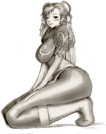 chun-li, capcom, street fighter, lowres, 1girl, boots, breasts, bun cover, curvy, double bun, female focus, greyscale, hair bun, large breasts, monochrome, pantyhose, solo, thighs