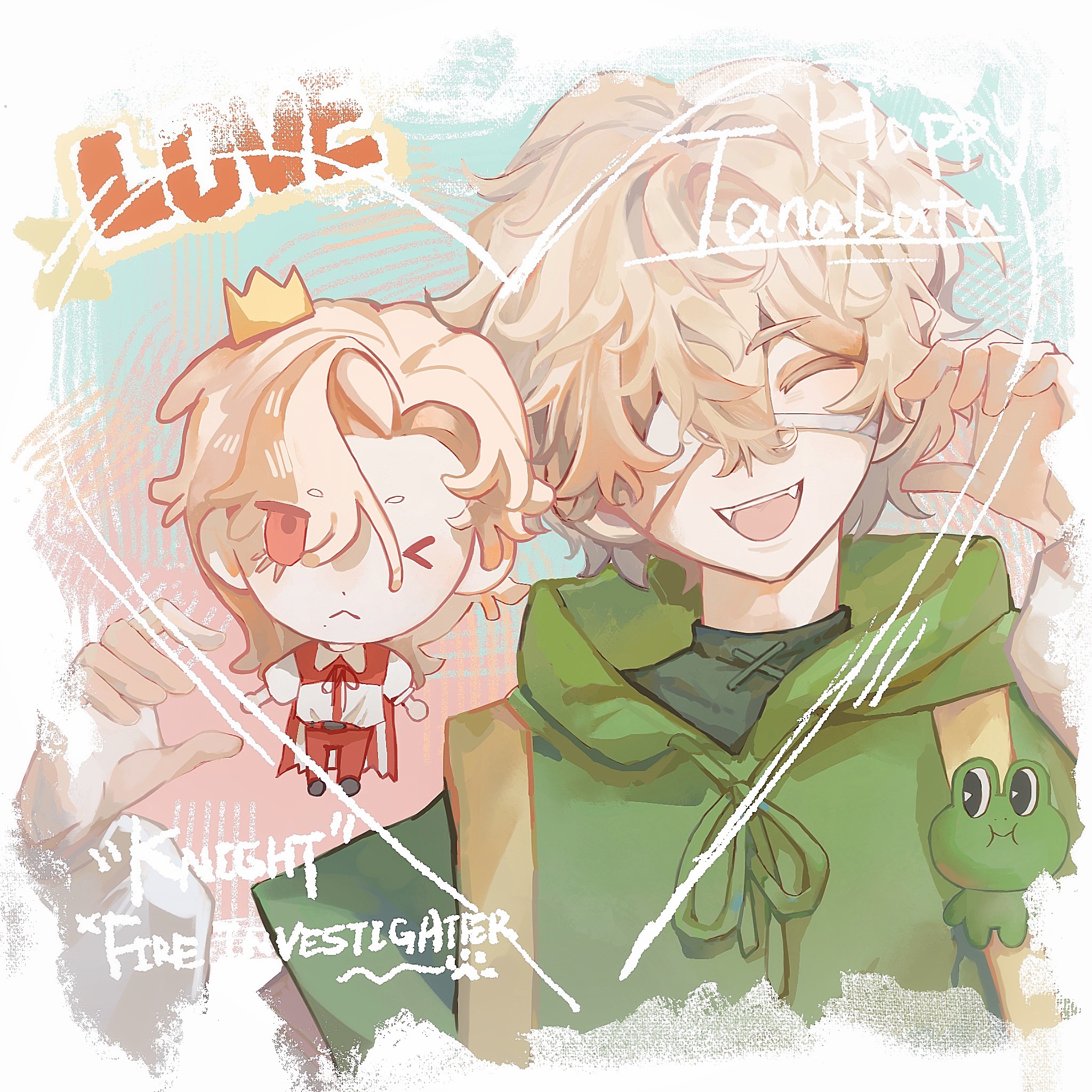 florian brand, identity v, highres, 1boy, backpack, bag, bandage over one eye, bandaged head, bandages, blonde hair, chibi, closed eyes, english text, fangs, florian brand (leonard), frog, green hoodie, hair between eyes, heart, hood, hoodie, male focus, red eyes, richard sterling, tangrinen, tied hoodie strings, wavy hair