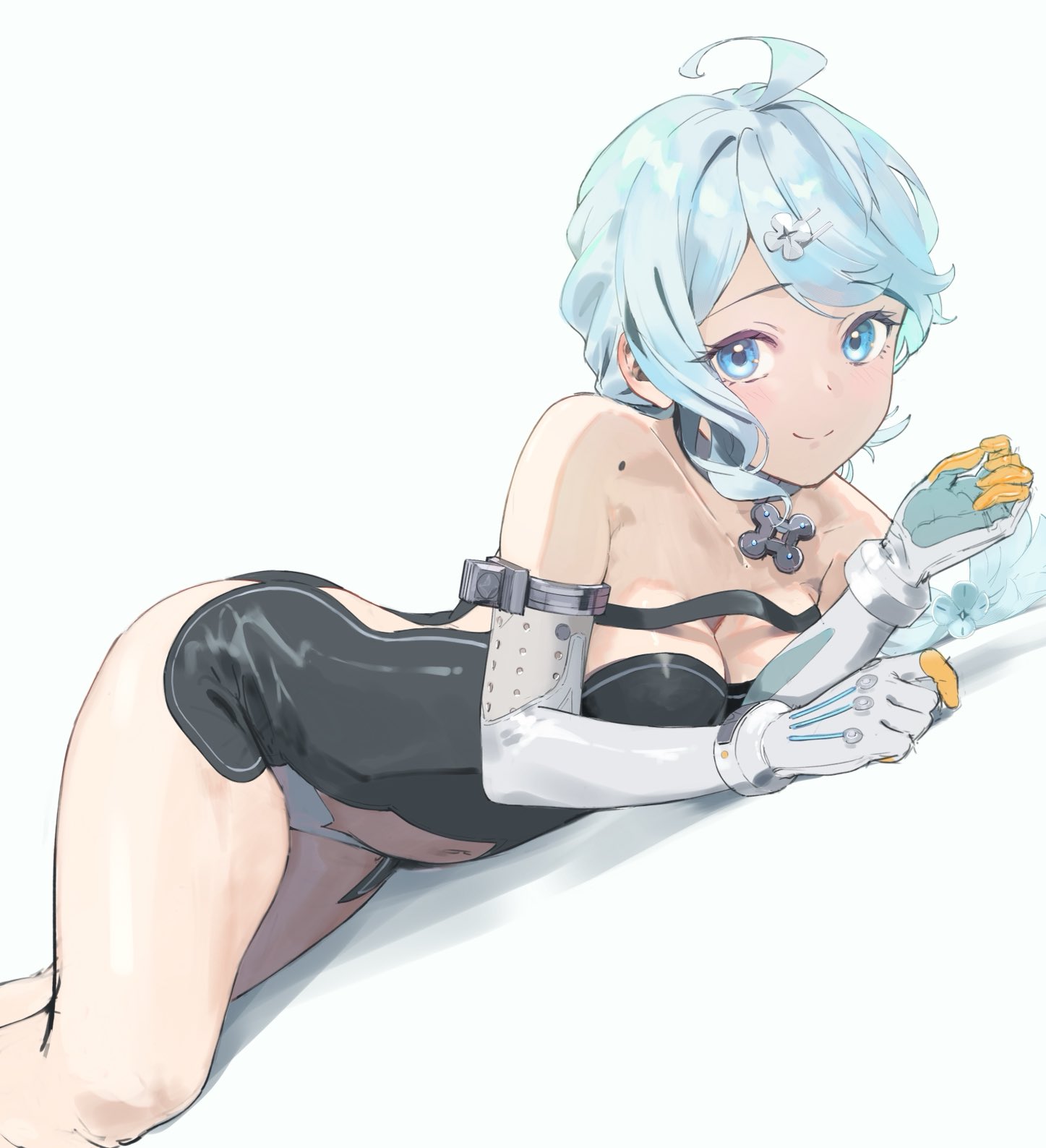a.k.a.zkin, seed (zenless zone zero), zenless zone zero, hashtag-only commentary, highres, 1girl, ahoge, bare legs, bare shoulders, black dress, blue background, blue eyes, blue hair, breasts, chest strap, cleavage, closed mouth, clothing cutout, collar, collarbone, dress, elbow gloves, feet out of frame, gloves, grey collar, hair ornament, hairclip, hands up, jewelry, light blush, long hair, looking at viewer, lying, medium breasts, microdress, mole, mole on shoulder, navel, on side, pendant, shadow, side cutout, simple background, smile, solo, stomach cutout, strapless, strapless dress, white gloves