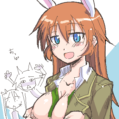 charlotte e. yeager, francesca lucchini, miyafuji yoshika, strike witches, world witches series, lowres, non-web source, 00s, 3girls, :d, animal ears, arms up, between breasts, blue eyes, blush, breasts, cleavage, large breasts, long hair, multiple girls, oekaki, open clothes, open mouth, open shirt, orange hair, rabbit ears, rabbit girl, shirt, smile, upper body, white background