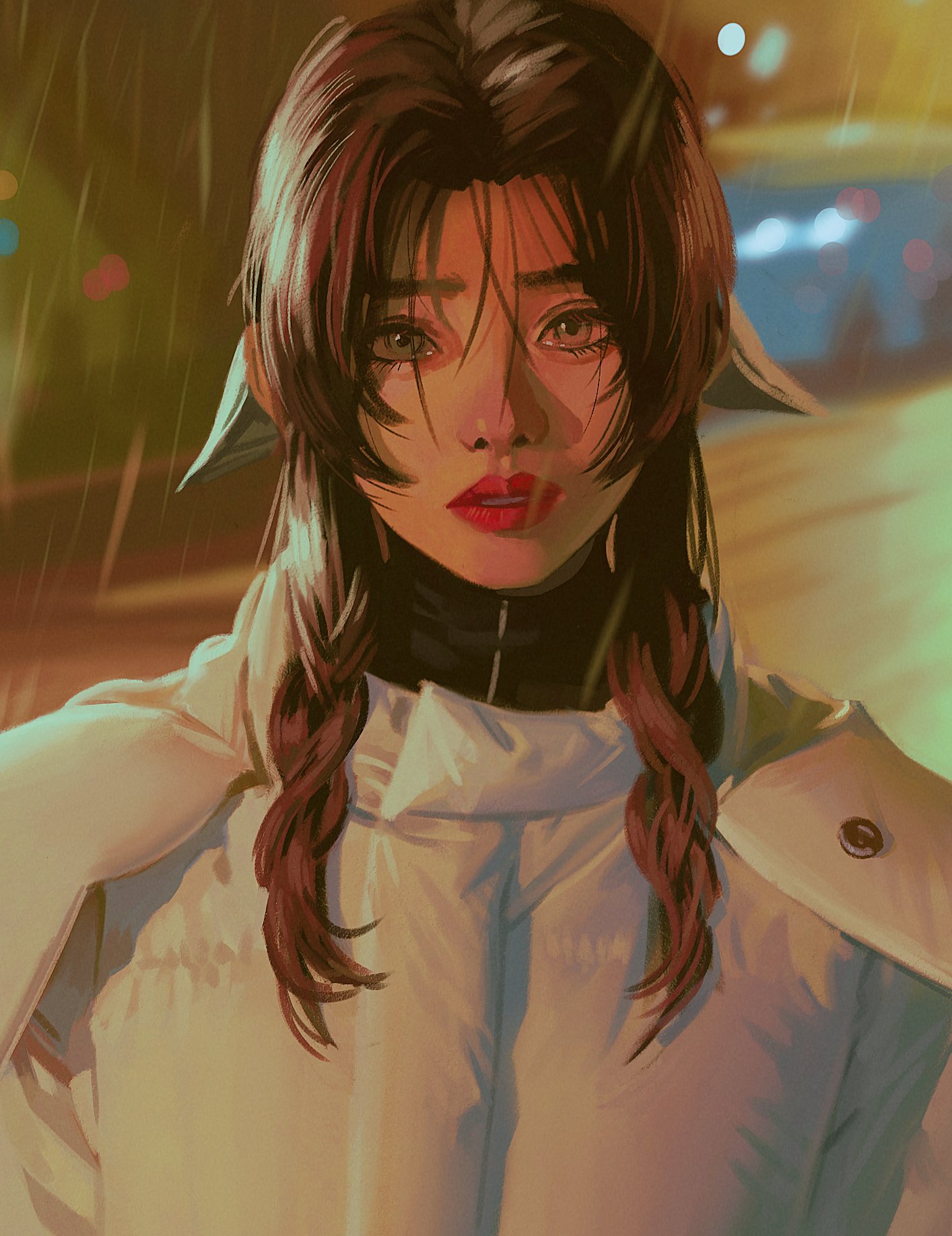 aerith gainsborough, final fantasy, final fantasy vii, art study, highres, 1girl, alternate costume, brown hair, coat, green eyes, hair between eyes, hair ribbon, jeseni, long hair, looking at viewer, parted bangs, parted lips, puffy coat, rain, red lips, ribbon, sidelocks, solo, white coat