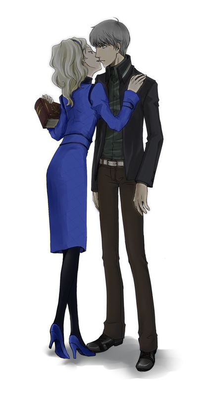 kaina (b-white), margaret (persona), narukami yu, atlus, persona, persona 4, margaret, bad id, bad pixiv id, 1boy, 1girl, high heels, imminent kiss, pantyhose, shoes