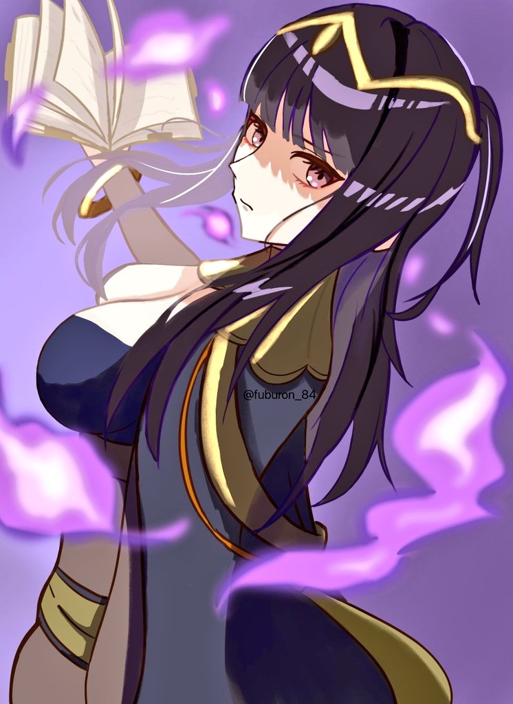 fuburon 84, tharja (fire emblem), fire emblem, fire emblem awakening, nintendo, 1girl, black hair, blunt bangs, bodystocking, book, bracelet, breasts, bridal gauntlets, cape, circlet, cleavage, closed mouth, holding, holding book, jewelry, large breasts, long hair, looking at viewer, magic, purple eyes, solo, tiara, two side up