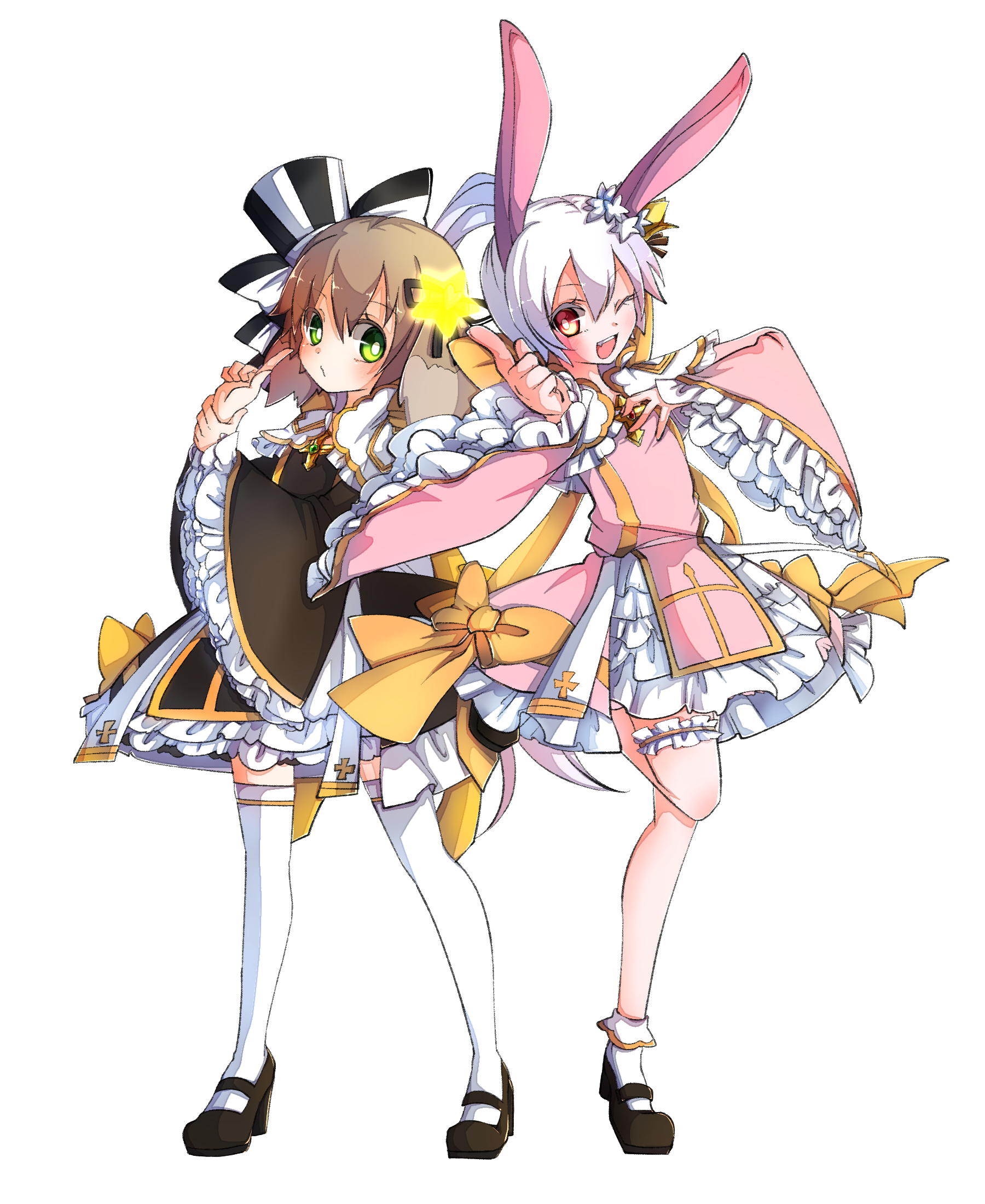 asuta (kinakomoti300), arch bishop (ragnarok online), ragnarok online, commentary request, highres, 2girls, :d, animal ears, black bow, black dress, black ribbon, black shoes, bow, brown hair, closed mouth, dress, dress bow, frilled dress, frilled sleeves, frills, full body, green eyes, hair bow, hair ribbon, looking at viewer, multiple girls, official alternate costume, one eye closed, open mouth, pink dress, rabbit ears, rabbit girl, ribbon, shoes, short hair, simple background, smile, thighhighs, two-tone dress, white background, white dress, white hair, white thighhighs, yellow bow
