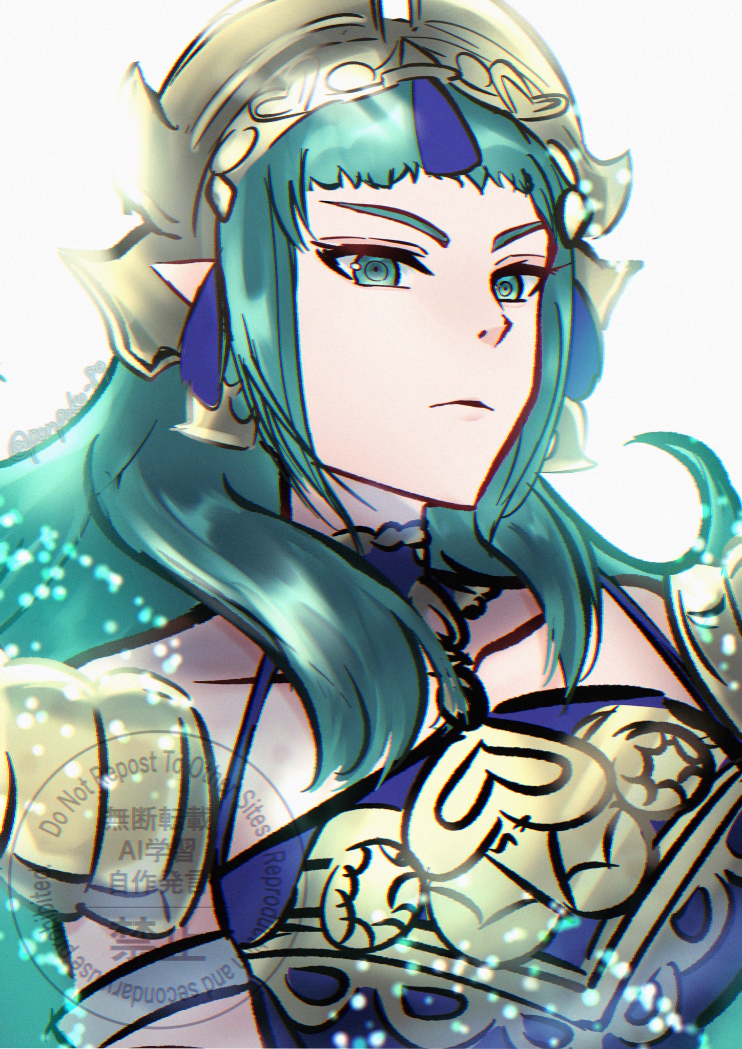 ponpoko89, sothis (adult) (fire emblem), sothis (fire emblem), fire emblem, fire emblem: fortune's weave, nintendo, highres, 1girl, breasts, closed mouth, collarbone, dress, green eyes, green hair, hair ornament, headpiece, long hair, looking at viewer, pointy ears, purple dress, simple background, solo, tassel, tassel hair ornament, tiara, upper body, white background