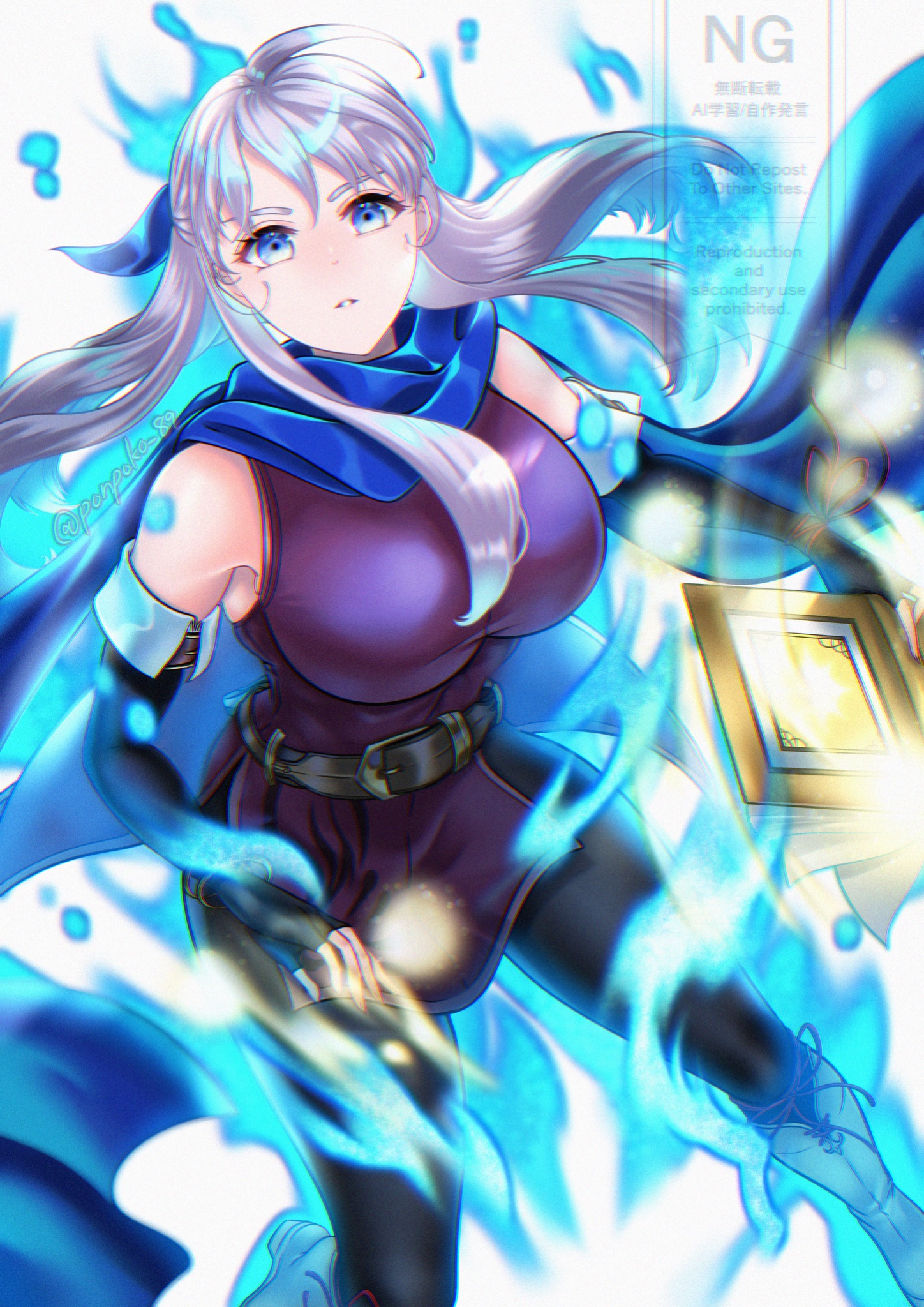 ponpoko89, micaiah (emblem) (fire emblem), micaiah (fire emblem), fire emblem, fire emblem: radiant dawn, fire emblem engage, nintendo, highres, 1girl, aura, belt, black gloves, black pantyhose, blue aura, blue eyes, blue scarf, book, breasts, dress, elbow gloves, fingerless gloves, gloves, hair ribbon, holding, holding book, large breasts, long hair, looking at viewer, pantyhose, ribbon, scarf, side slit, sleeveless, sleeveless dress, solo