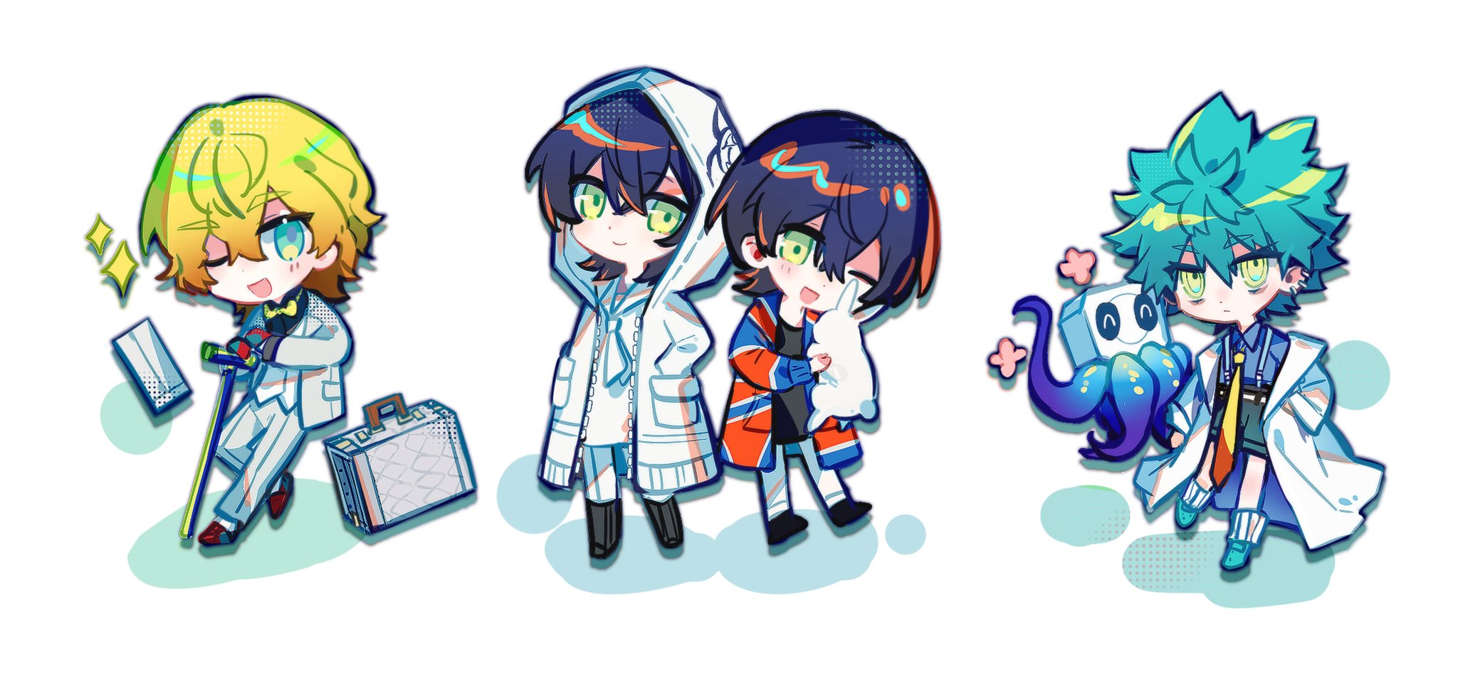 commentary, highres, 2boys, 2girls, animal, arale (shuten order), black hair, black shirt, black shorts, blonde hair, blue eyes, blue hair, blue shirt, bow, bowtie, briefcase, cane, chibi, chibi only, dual persona, gavel, gloves, hair between eyes, hand in pocket, happy aura, holding, holding animal, holding cane, holding rabbit, jacket, kishiru inugami, long sleeves, looking at viewer, multiple boys, multiple girls, neckerchief, necktie, open clothes, open jacket, pants, rabbit, red gloves, red shoes, rei shimobe, reverse trap, ricordccc, robot, shirt, shoes, short hair, shorts, shuten order, sparkle, teko ion, tentacles, vest, white background, white jacket, white neckerchief, white pants, white vest, yellow bow, yellow bowtie, yellow eyes, yellow necktie