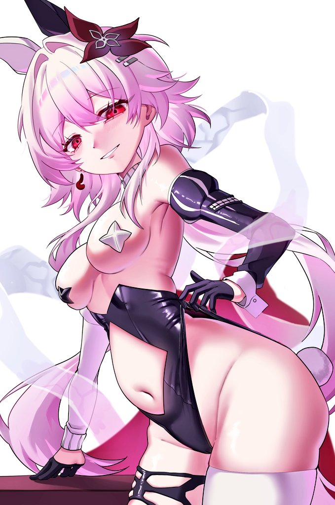 mimu (cyus7328), evernight (honkai: star rail), march 7th (honkai: star rail), honkai: star rail, honkai (series), commentary request, korean commentary, 1girl, animal ears, black gloves, black leotard, breasts, clothing cutout, detached sleeves, fake animal ears, flower, gloves, hair flower, hair ornament, leotard, long hair, medium breasts, navel, pasties, pink hair, playboy bunny, rabbit ears, rabbit tail, red eyes, smile, solo, star (symbol), star pasties, stomach cutout, tail, thighs, very long hair, white background