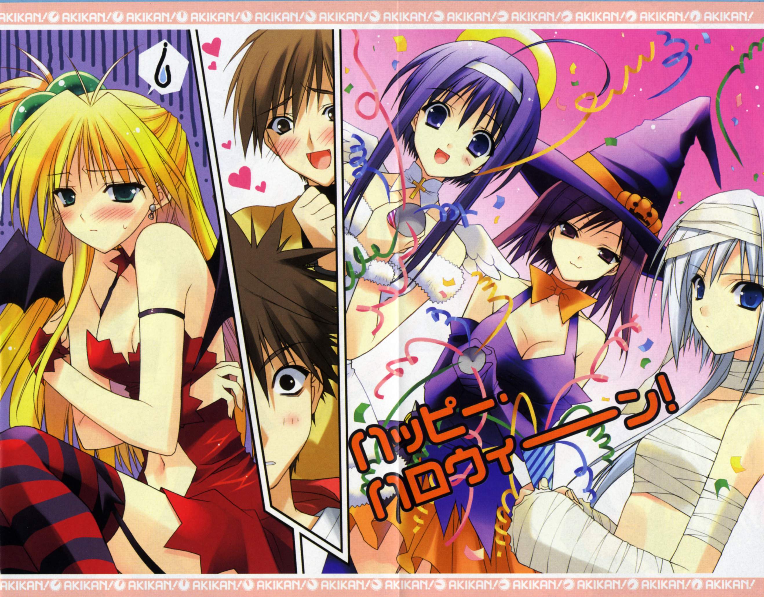 suzuhira hiro, amaji gorou, daichi kakeru, kochikaze yurika, melon (akikan), tenkuuji najimi, yell, akikan!, highres, scan, scan artifacts, 2boys, 4girls, :3, bandages, blonde hair, blue hair, breasts, brown hair, choker, cleavage, copyright name, cosplay, food-themed hair ornament, hair ornament, halloween, happy halloween, heart, medium breasts, multiple boys, multiple girls, pumpkin hair ornament, sphere hair ornament