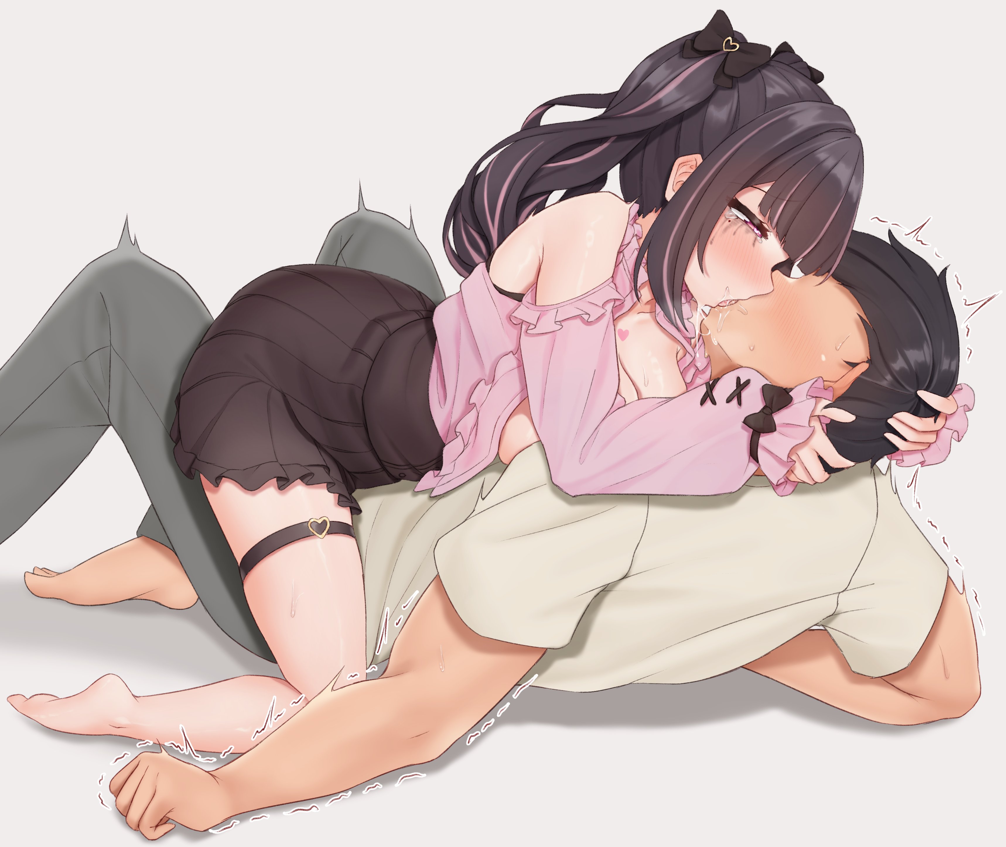 sleepypudding, himemiya rie, phase connect, absurdres, highres, 1boy, 1girl, barefoot, black bow, black hair, black skirt, blush, bow, breasts, clothing cutout, french kiss, girl on top, hair bow, hetero, jirai kei, kiss, large breasts, long hair, long sleeves, multicolored hair, pink hair, pink shirt, puffy long sleeves, puffy sleeves, shirt, short hair, shoulder cutout, skirt, streaked hair, thigh strap, trembling, twintails, two-tone hair