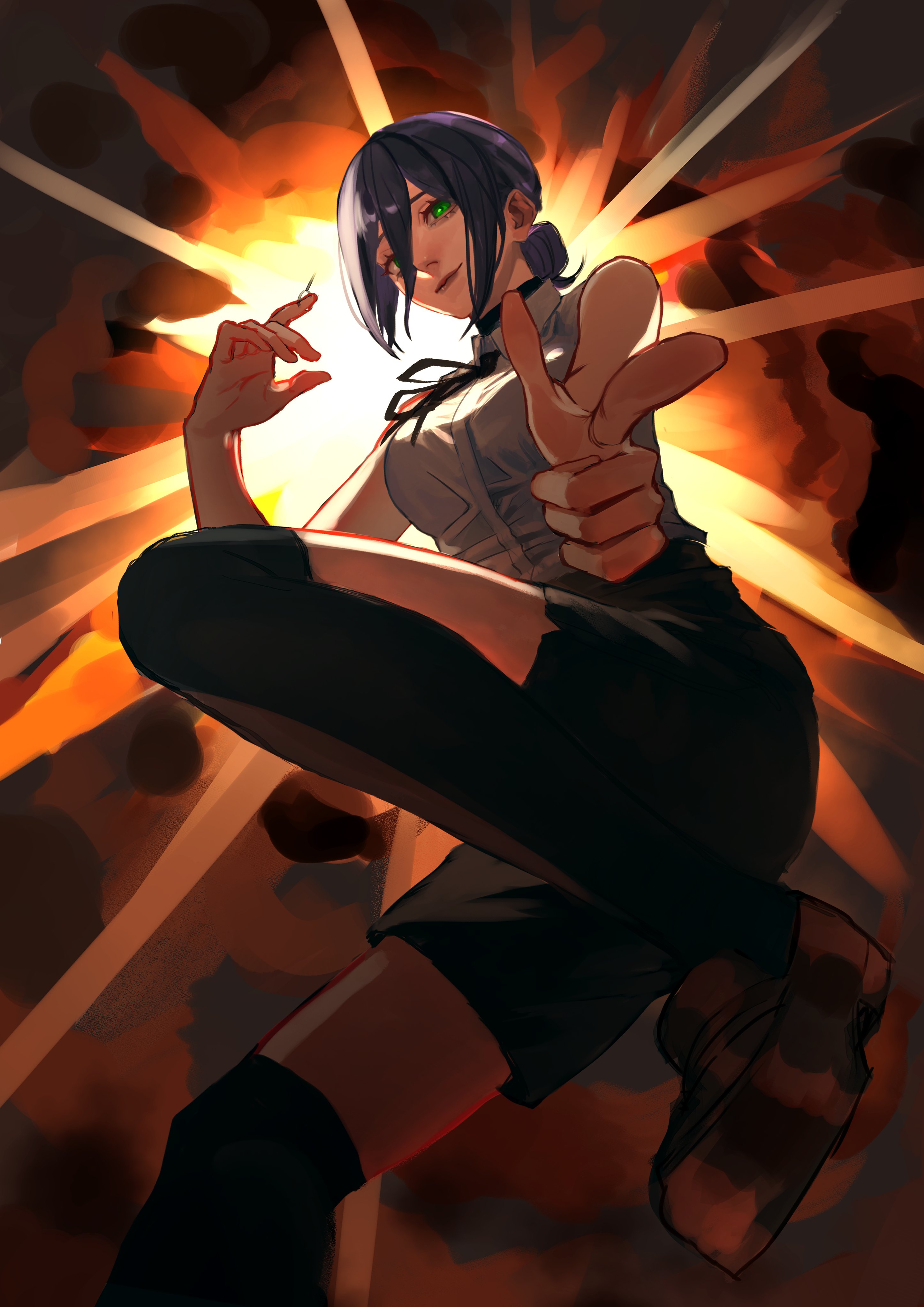 bonjindaaa, reze (chainsaw man), chainsaw man, absurdres, highres, 1girl, black hair, black shorts, black thighhighs, closed mouth, explosion, explosion background, green eyes, grenade pin, grey shirt, hair between eyes, pointing, pointing at viewer, shirt, shorts, sleeveless, sleeveless shirt, solo, thighhighs