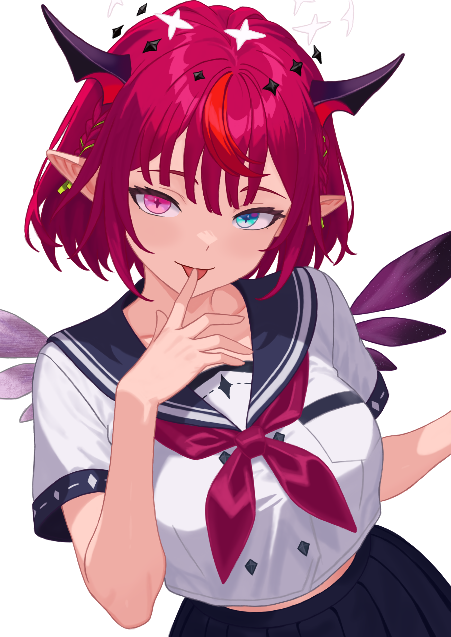 danimocles, irys (gaming casual) (hololive), irys (hololive), hololive, hololive english, absurdres, highres, 1girl, :p, blue eyes, blue sailor collar, blue skirt, bob cut, braid, breasts, buttons, crystal wings, double-breasted, double halo, halo, hand up, heterochromia, horns, large breasts, long sleeves, looking at viewer, midriff peek, multicolored hair, neckerchief, official alternate costume, pink eyes, pleated skirt, pointy ears, purple hair, purple neckerchief, red hair, sailor collar, school uniform, serafuku, shirt, short hair, short sleeves, side braid, simple background, skirt, solo, star halo, streaked hair, tongue, tongue out, upper body, virtual youtuber, white background, white shirt, wings